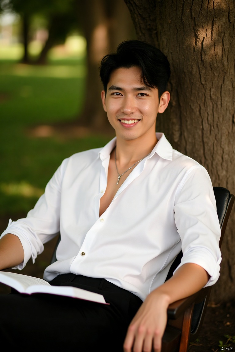 A young man, solo and looking directly at the viewer with a warm, inviting smile. He's wearing a crisp white dress shirt with an open collar, paired with black tailored pants. His raven-black hair is styled neatly, framing his heart-shaped face. His piercing purple eyes seem to sparkle in the sunlight that casts a gentle glow on the scene. He sits comfortably on a wooden bench beneath a majestic tree, with one arm resting on the backrest and the other holding a book open to reveal its pages. A delicate necklace adorns his collarbone, drawing attention to his chiseled physique. The overall atmosphere is relaxed and serene, with the warm light of day casting long shadows across the lush greenery.