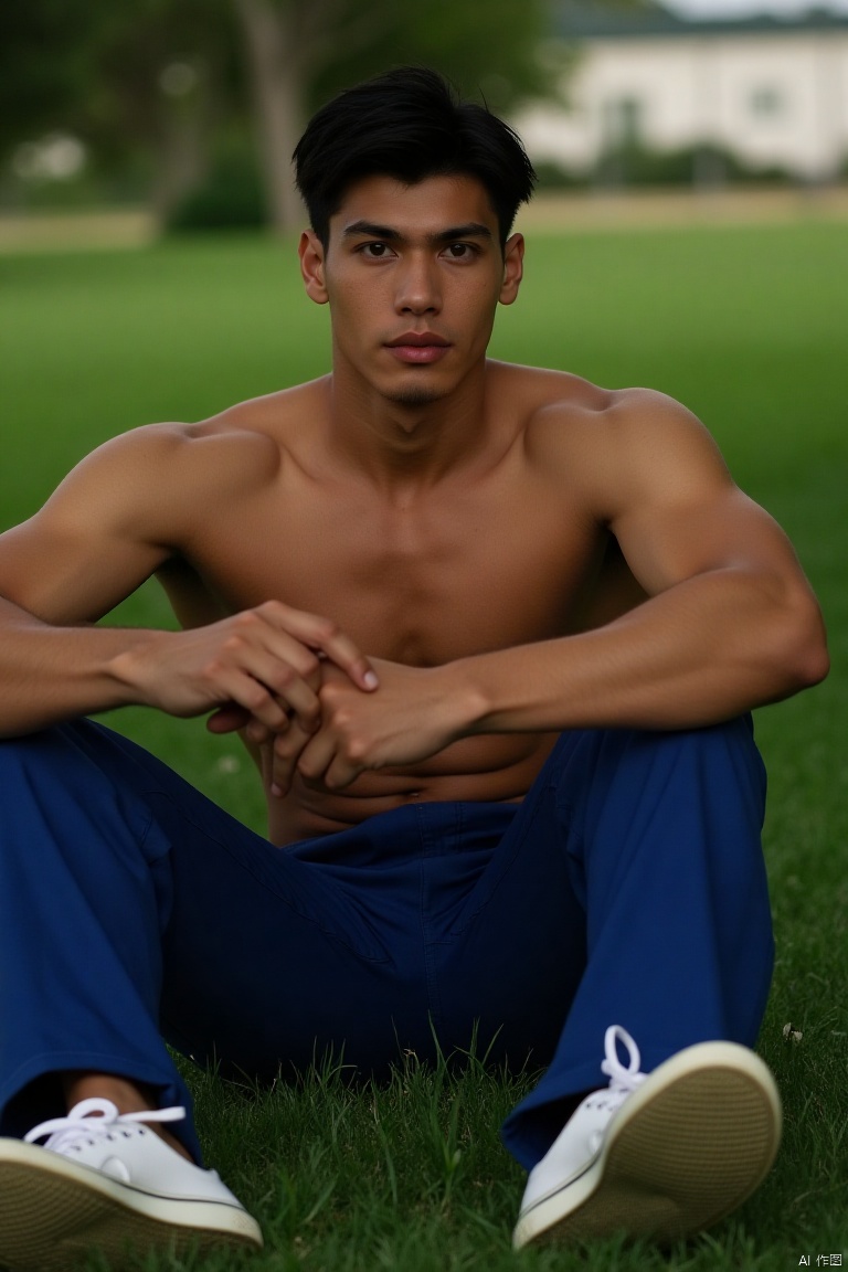 Muscular male artist [artist name],  a young man with short black hair and piercing gaze,  sits confidently on the grassy...