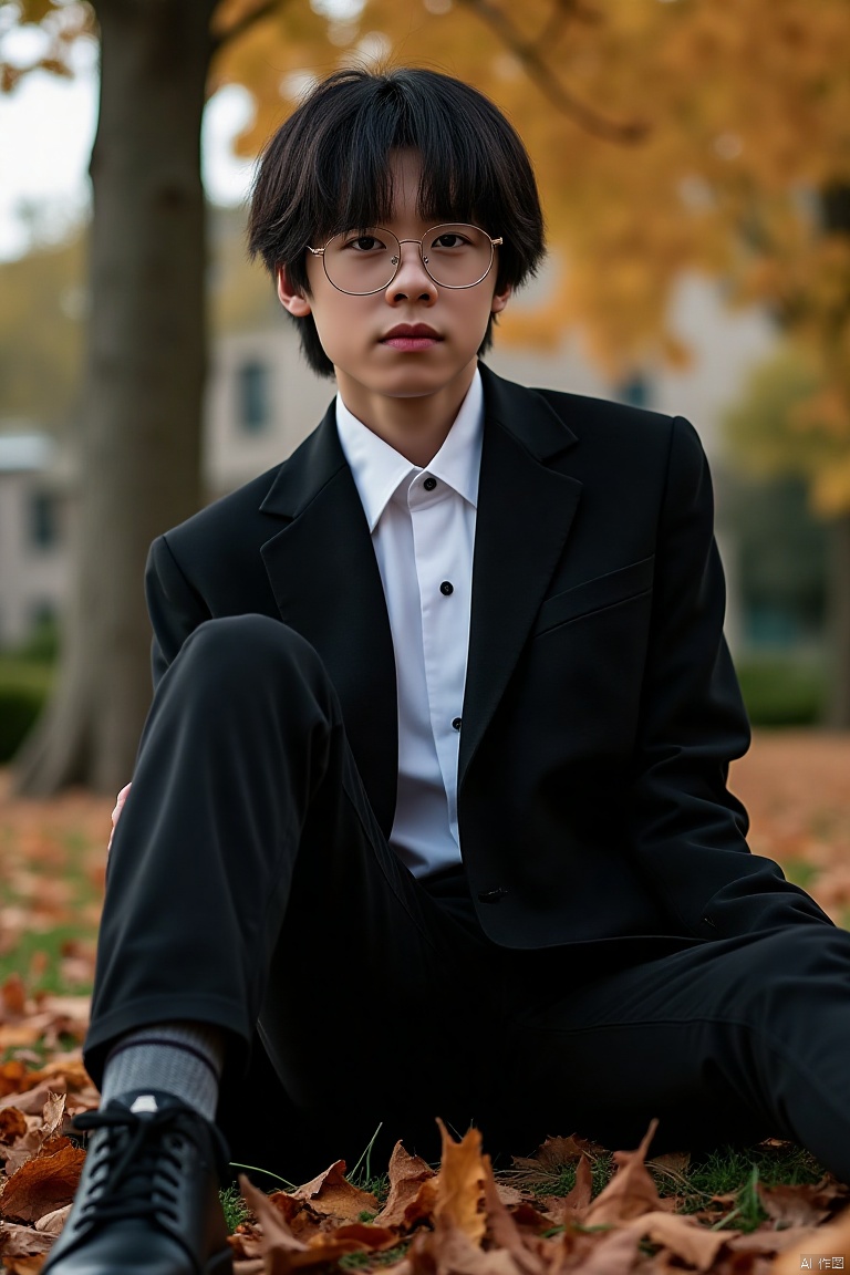 A young teenager, solo and focused on the viewer, sits with a quiet intensity. Short hair and bangs frame his face, while a white collared shirt and black jacket provide a striking contrast. Black pants and black footwear are a testament to his bold style. Autumn leaves surround him, with a single tree looming in the background. He wears glasses perched on his nose, and his knee is slightly upturned as he sits in contemplation.