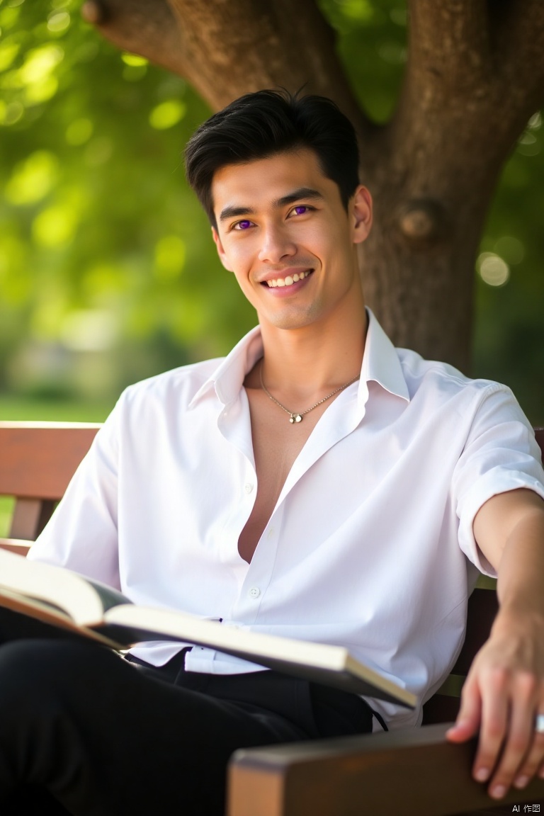 A young man, solo and looking directly at the viewer with a warm, inviting smile. He's wearing a crisp white dress shirt with an open collar, paired with black tailored pants. His raven-black hair is styled neatly, framing his heart-shaped face. His piercing purple eyes seem to sparkle in the sunlight that casts a gentle glow on the scene. He sits comfortably on a wooden bench beneath a majestic tree, with one arm resting on the backrest and the other holding a book open to reveal its pages. A delicate necklace adorns his collarbone, drawing attention to his chiseled physique. The overall atmosphere is relaxed and serene, with the warm light of day casting long shadows across the lush greenery.