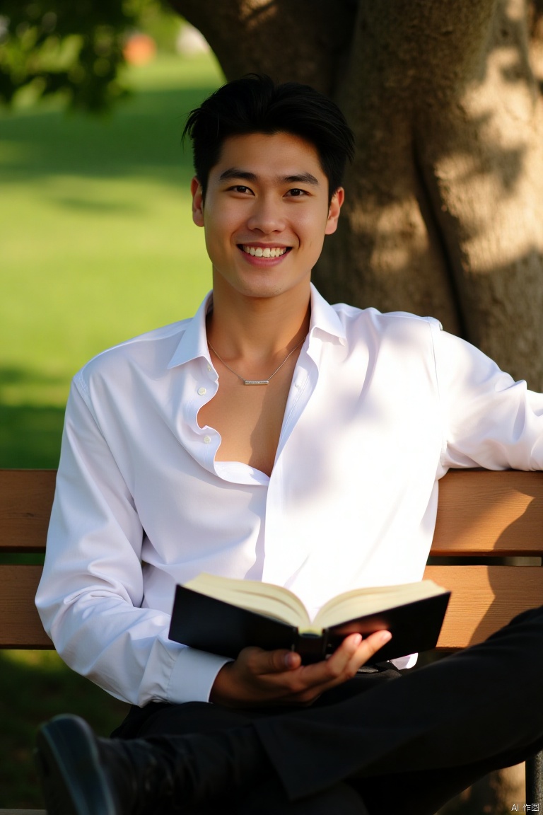 A young man, solo and looking directly at the viewer with a warm, inviting smile. He's wearing a crisp white dress shirt with an open collar, paired with black tailored pants. His raven-black hair is styled neatly, framing his heart-shaped face. His piercing purple eyes seem to sparkle in the sunlight that casts a gentle glow on the scene. He sits comfortably on a wooden bench beneath a majestic tree, with one arm resting on the backrest and the other holding a book open to reveal its pages. A delicate necklace adorns his collarbone, drawing attention to his chiseled physique. The overall atmosphere is relaxed and serene, with the warm light of day casting long shadows across the lush greenery.
