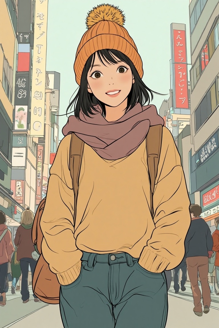 A Japanese manga-style illustration with flat,  emotive colors. A girl is wearing a beanie and a cozy sweater. The scene i...