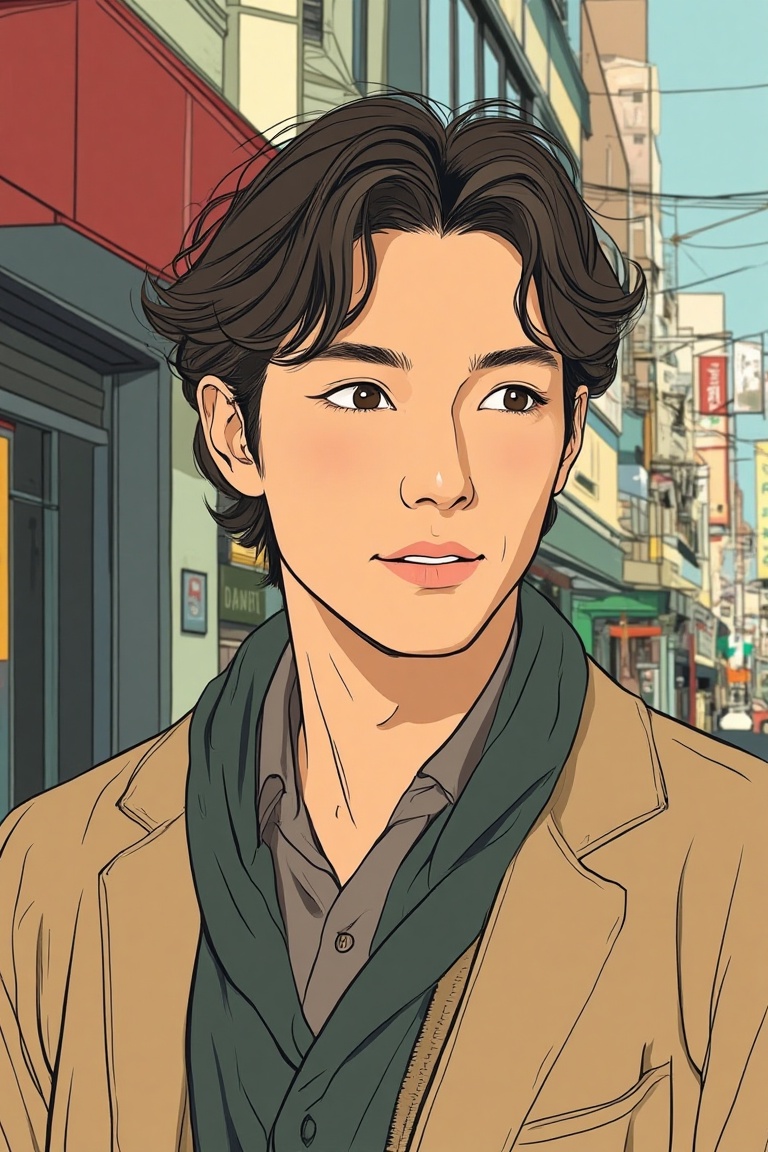 A Japanese manga-style illustration with flat,  emotive colors. A handsome,  exquisite man is depicted in a close-up shot...