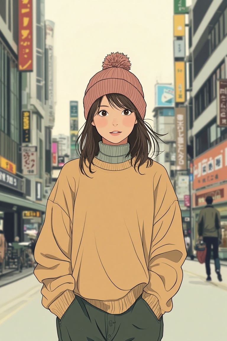 A Japanese manga-style illustration with flat,  emotive colors. A girl is wearing a beanie and a cozy sweater. The scene i...