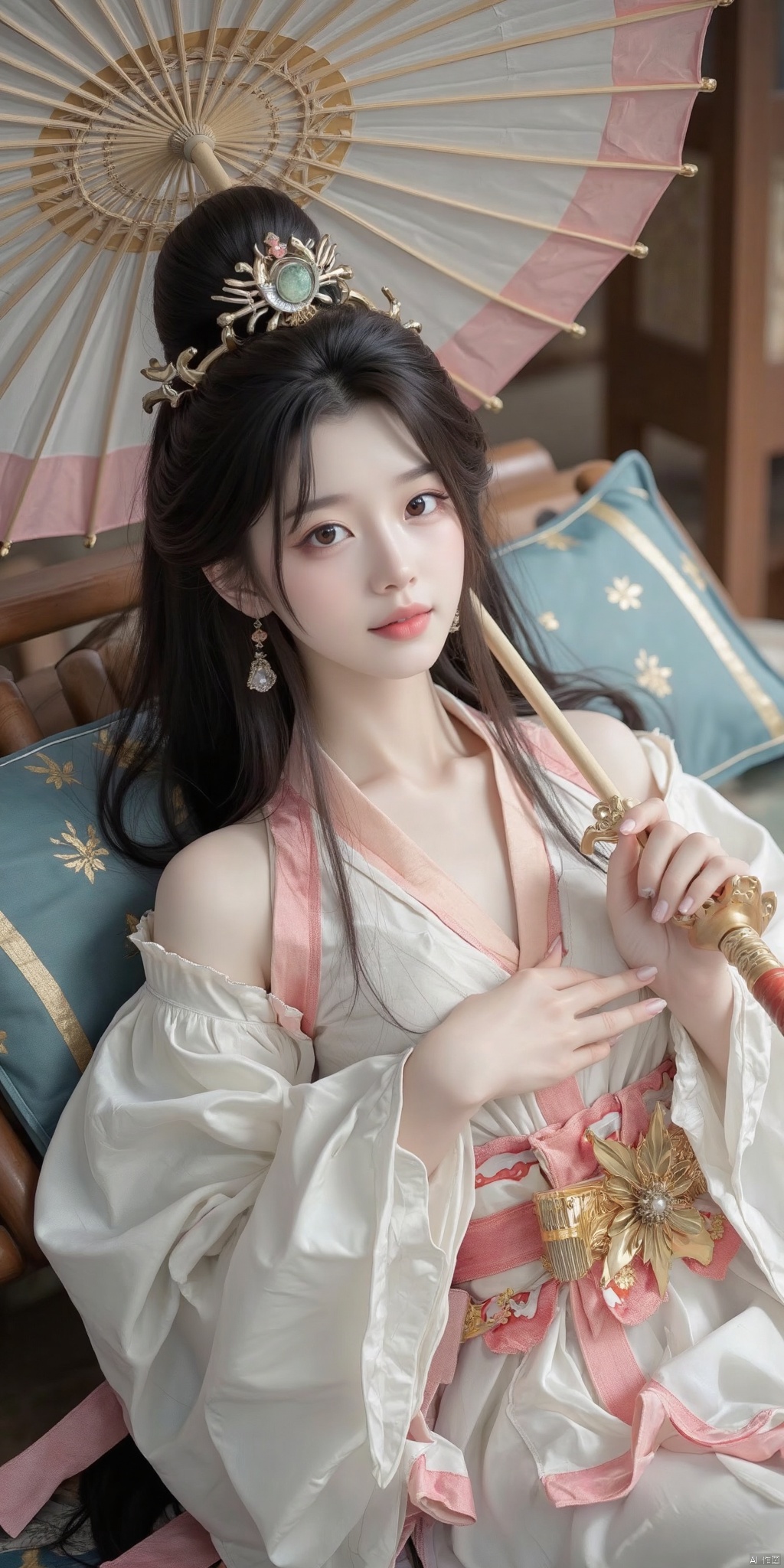 A woman, wearing a hanfu, long hair, delicate face, delicate hands, holding an umbrella in her left hand, holding a sword in her right hand, half-length shot，Lying, rich details