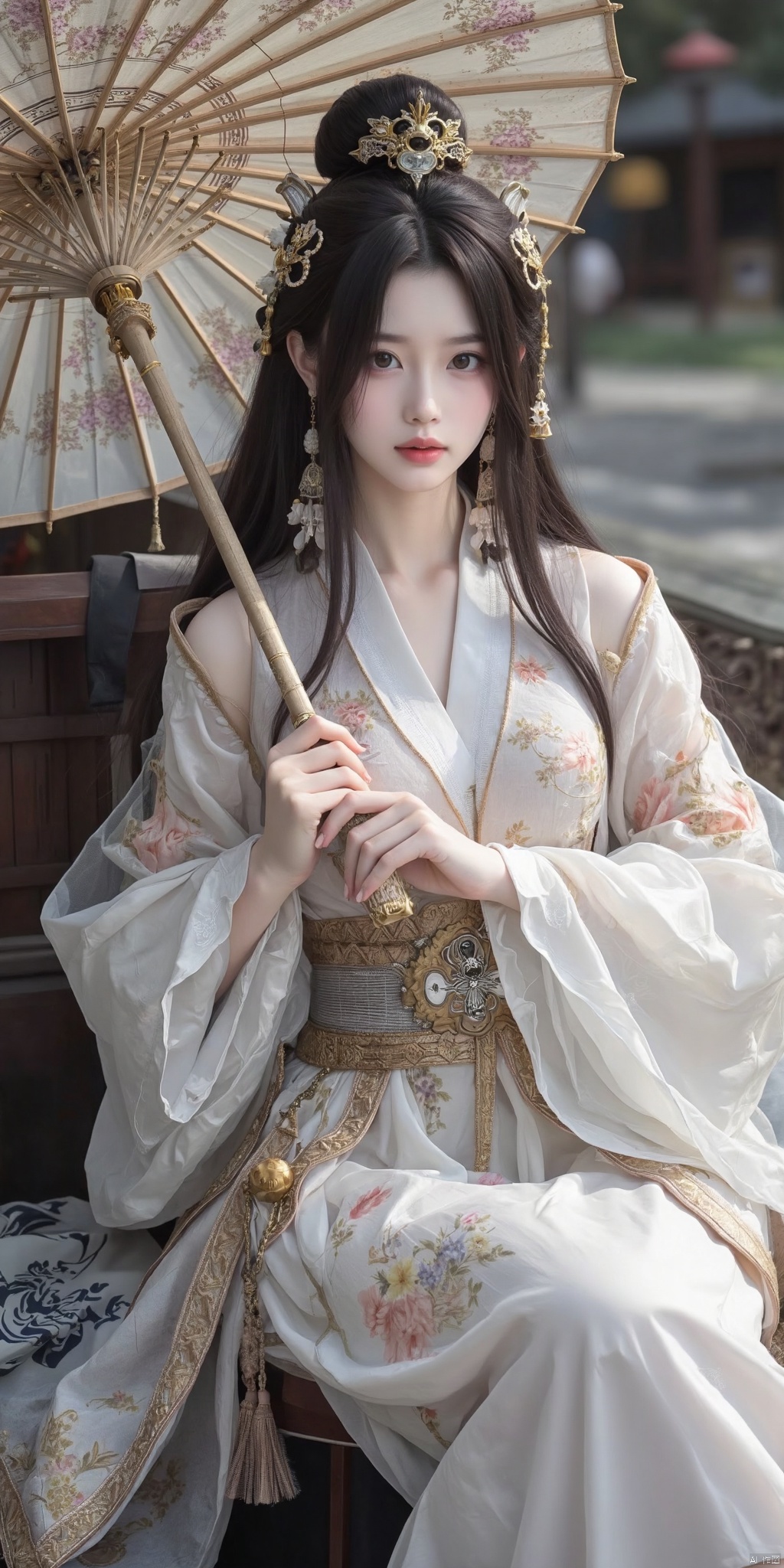 A woman, wearing a hanfu, long hair, delicate face, delicate hands, holding an umbrella in her left hand, holding a sword in her right hand, half-length shot，Lying, rich details