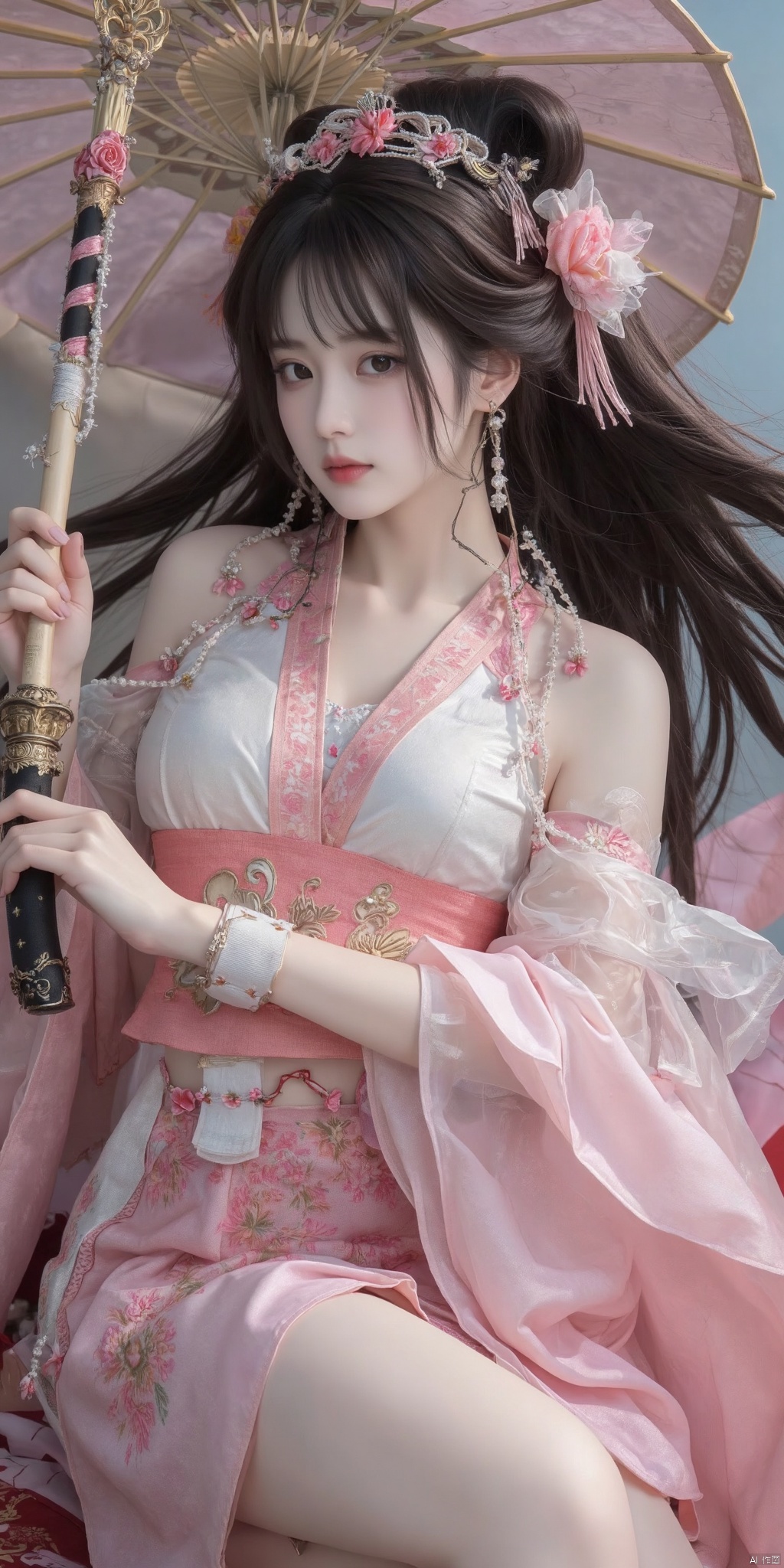 A woman, wearing a hanfu, long hair, delicate face, delicate hands, holding an umbrella in her left hand, holding a sword in her right hand, half-length shot，Lying, rich details