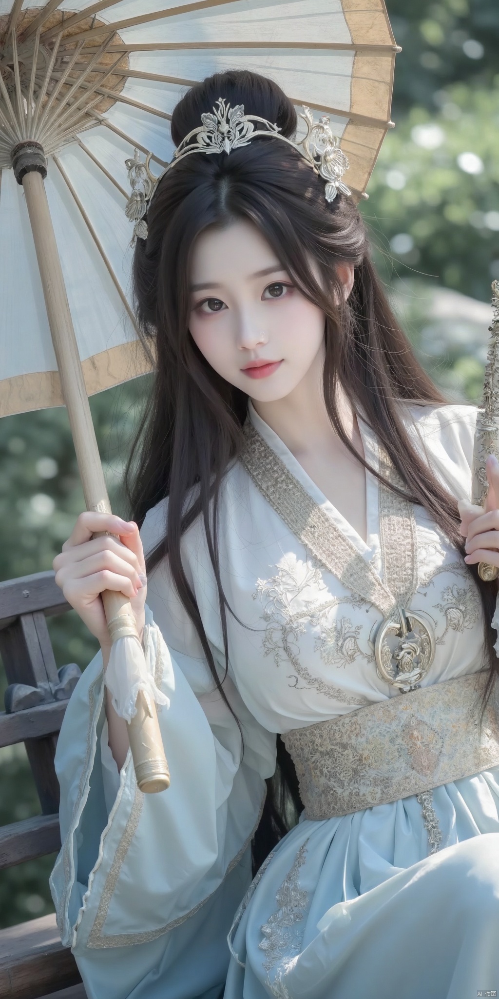 A woman, wearing a hanfu, long hair, delicate face, delicate hands, holding an umbrella in her left hand, holding a sword in her right hand, half-length shot，Lying, rich details