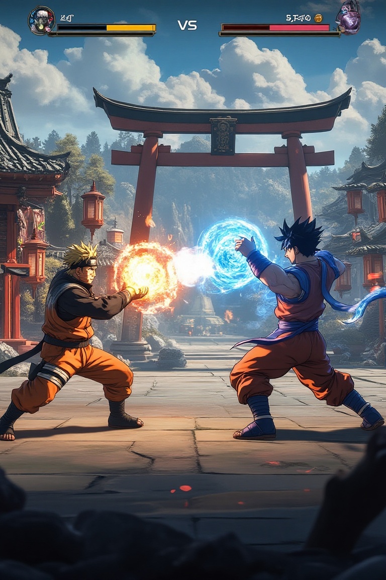 A dynamic fighting game UI for PC,  featuring a large VS fight on screen with Naruto and Goku in a high-stakes battle at a...