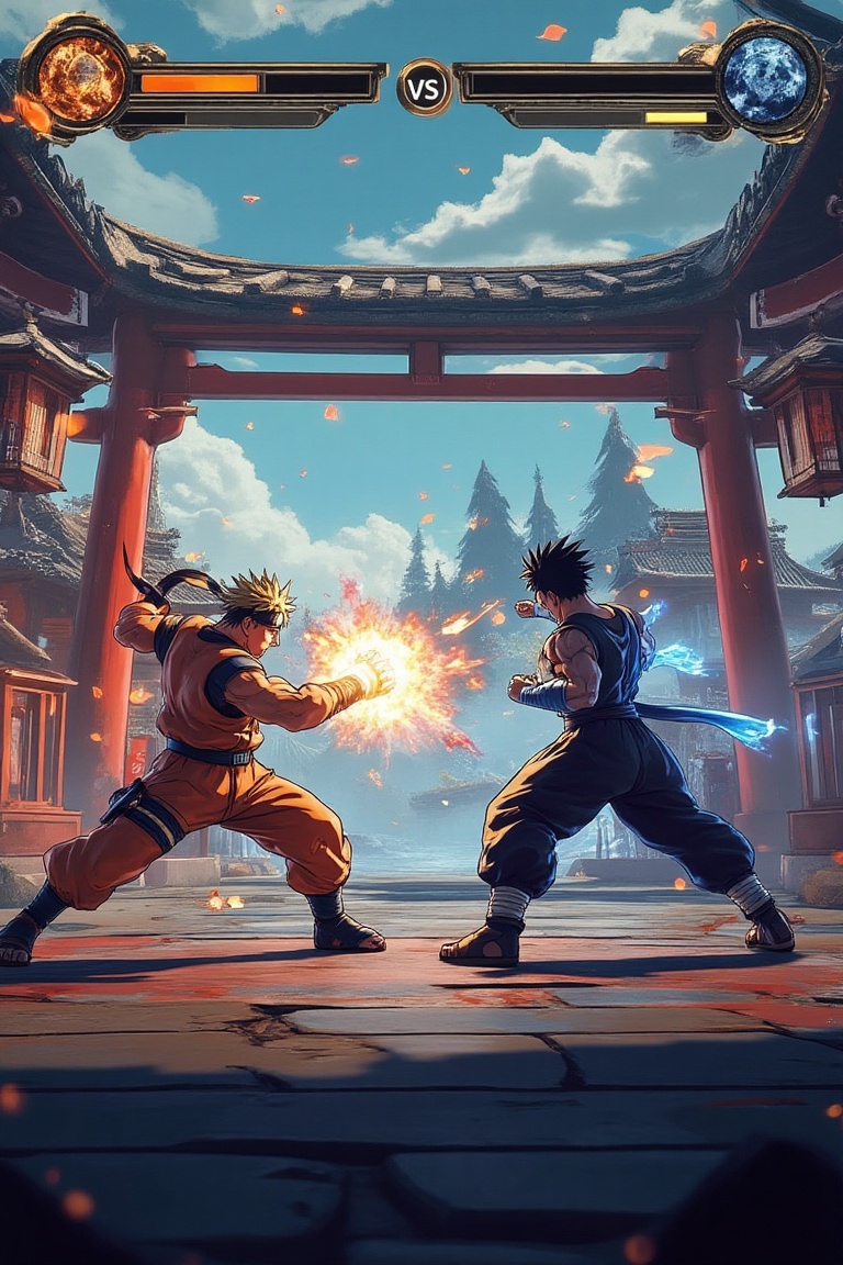 A dynamic fighting game UI for PC,  featuring a large VS fight on screen with Naruto and Goku in a high-stakes battle at a...