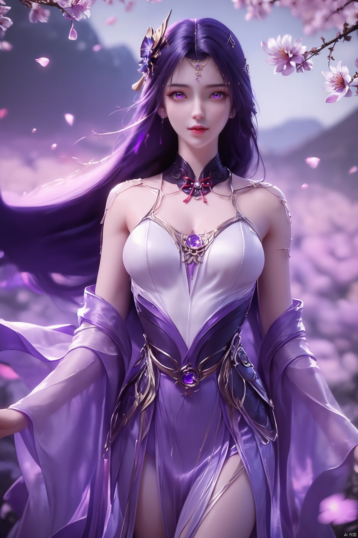score_9_up,score_8_up,score_7_up,(Masterpiece, Best Quality, Photorealistic, High Resolution, 8K Raw), 
1girl, solo, long hair, breasts, looking at viewer, hair ornament, dress, bare shoulders, closed mouth, purple eyes, flower, indoors,  purple flower, falling petals, vase, raiden shogun