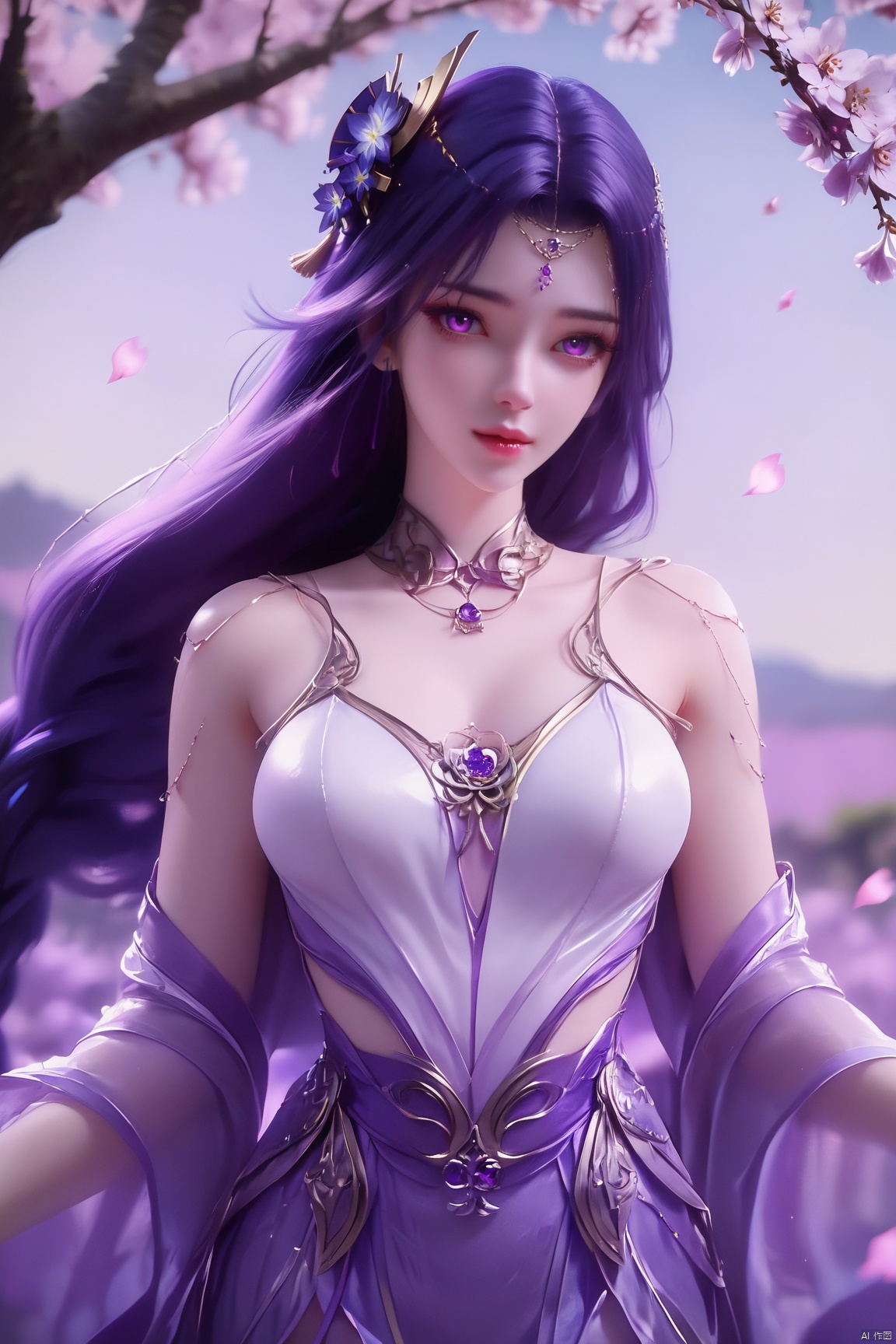 score_9_up,score_8_up,score_7_up,(Masterpiece, Best Quality, Photorealistic, High Resolution, 8K Raw), 
1girl, solo, long hair, breasts, looking at viewer, hair ornament, dress, bare shoulders, closed mouth, purple eyes, flower, indoors,  purple flower, falling petals, vase, raiden shogun