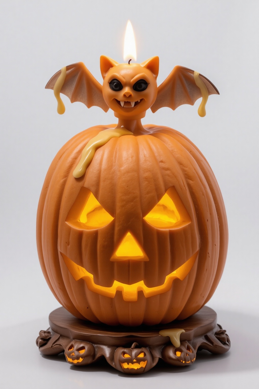 A high-quality anime-style figure of a jack-o'-lantern candle,  with a small bat resting on top. The jack-o'-lantern has a...