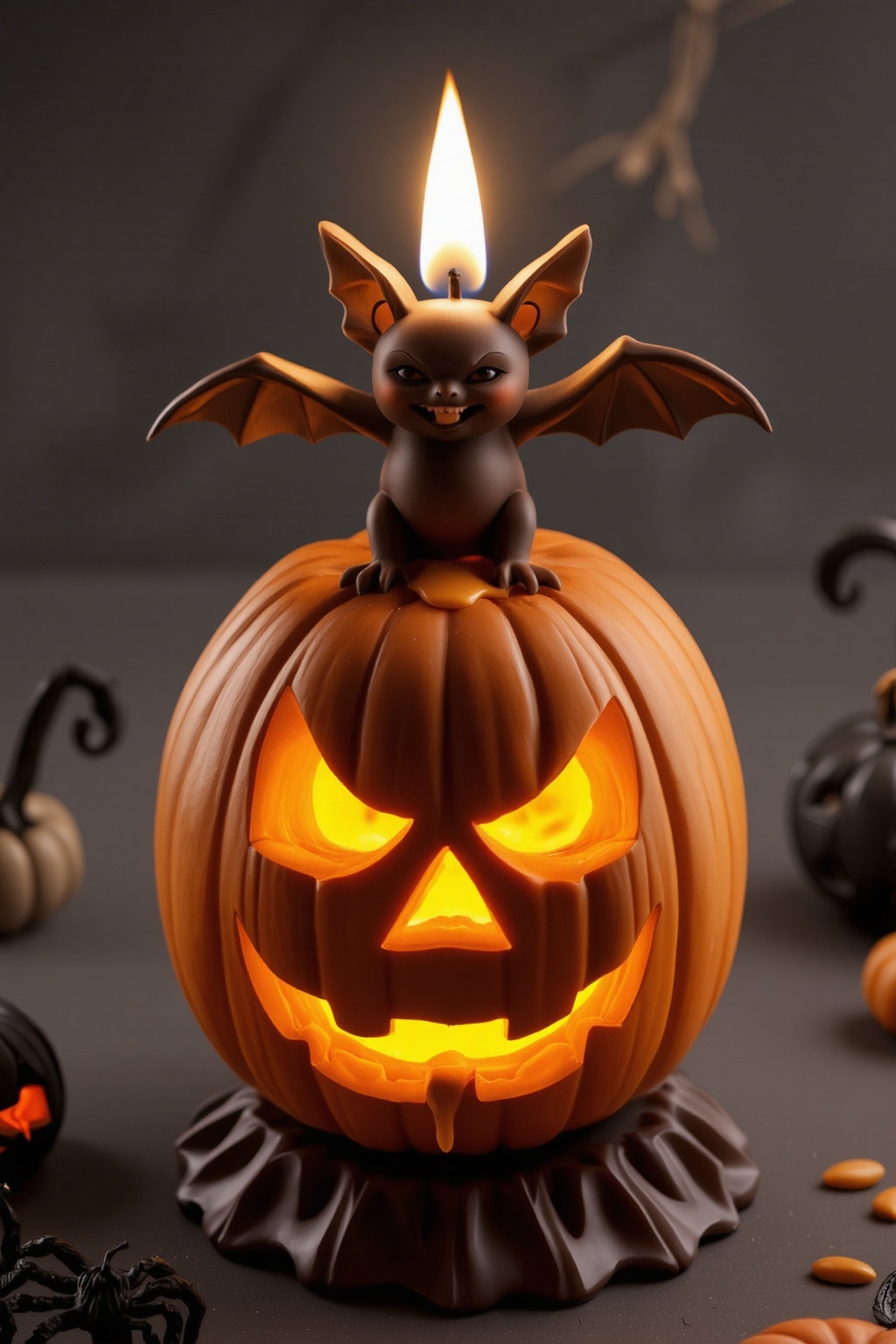 A high-quality anime-style figure of a jack-o'-lantern candle,  with a small bat resting on top. The jack-o'-lantern has a...