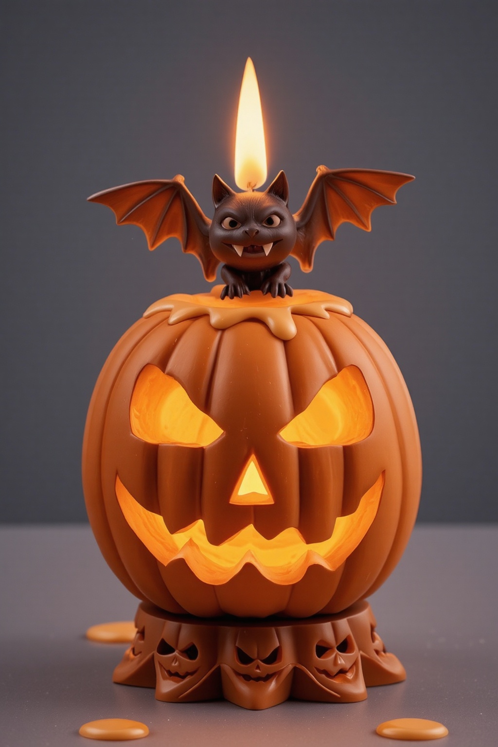 A high-quality anime-style figure of a jack-o'-lantern candle,  with a small bat resting on top. The jack-o'-lantern has a...