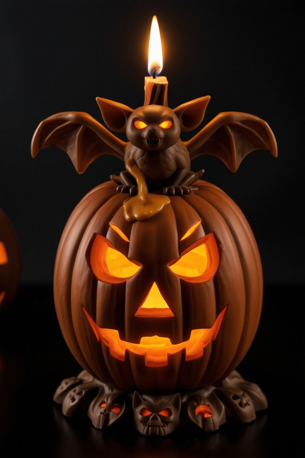 A high-quality anime-style figure of a jack-o'-lantern candle,  with a small bat resting on top. The jack-o'-lantern has a...