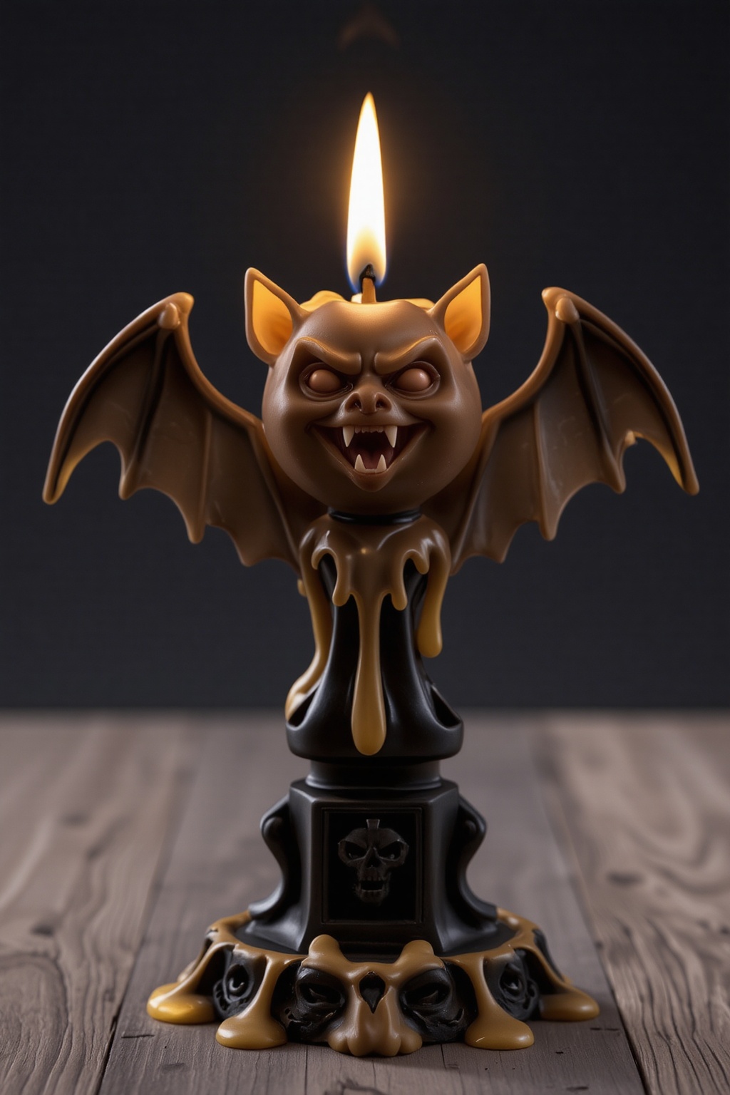 A high-quality anime-style figure of a bat-shaped candle,  designed like a collectible figure. The bat has large,  outstre...