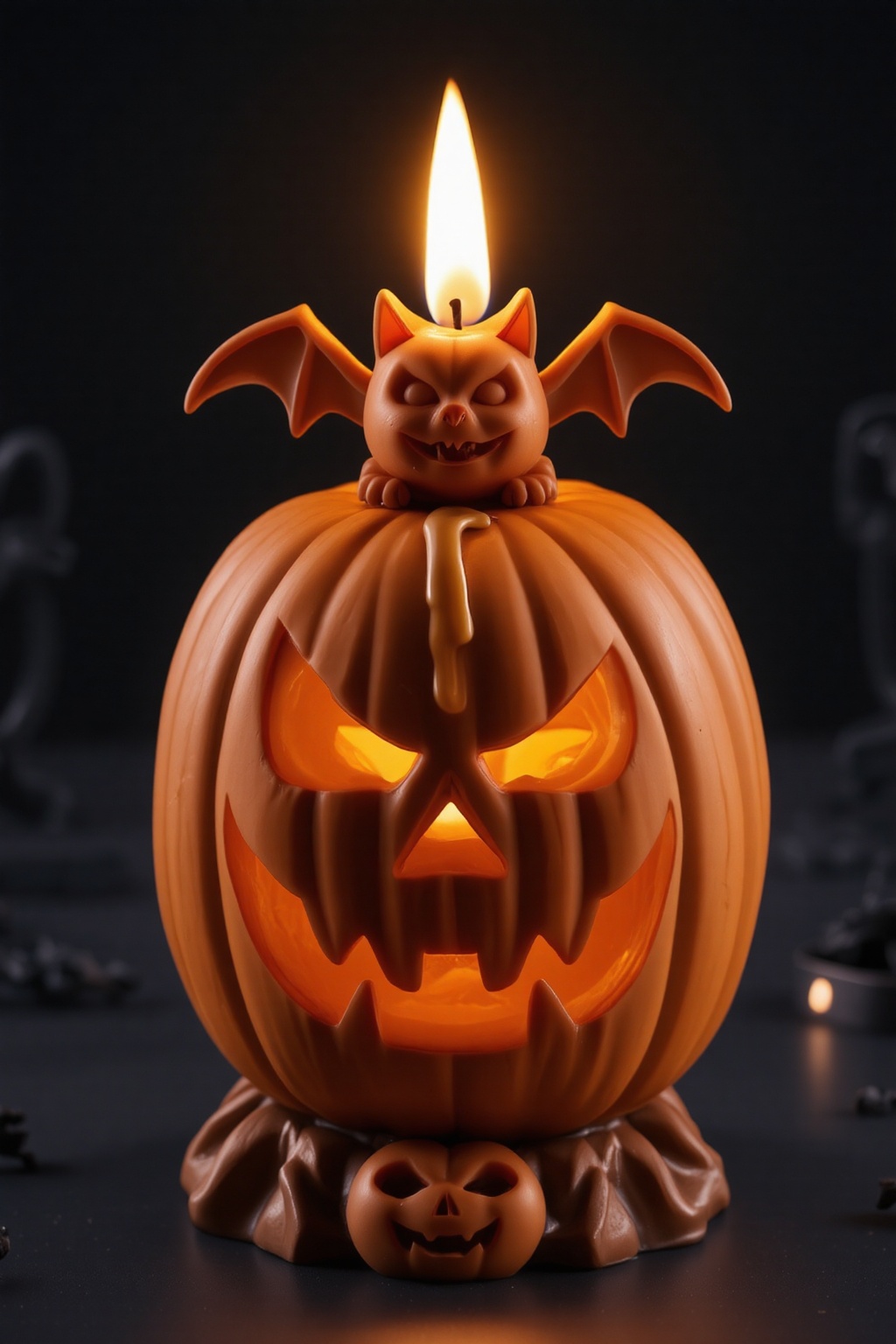 A high-quality anime-style figure of a jack-o'-lantern candle,  with a small bat resting on top. The jack-o'-lantern has a...