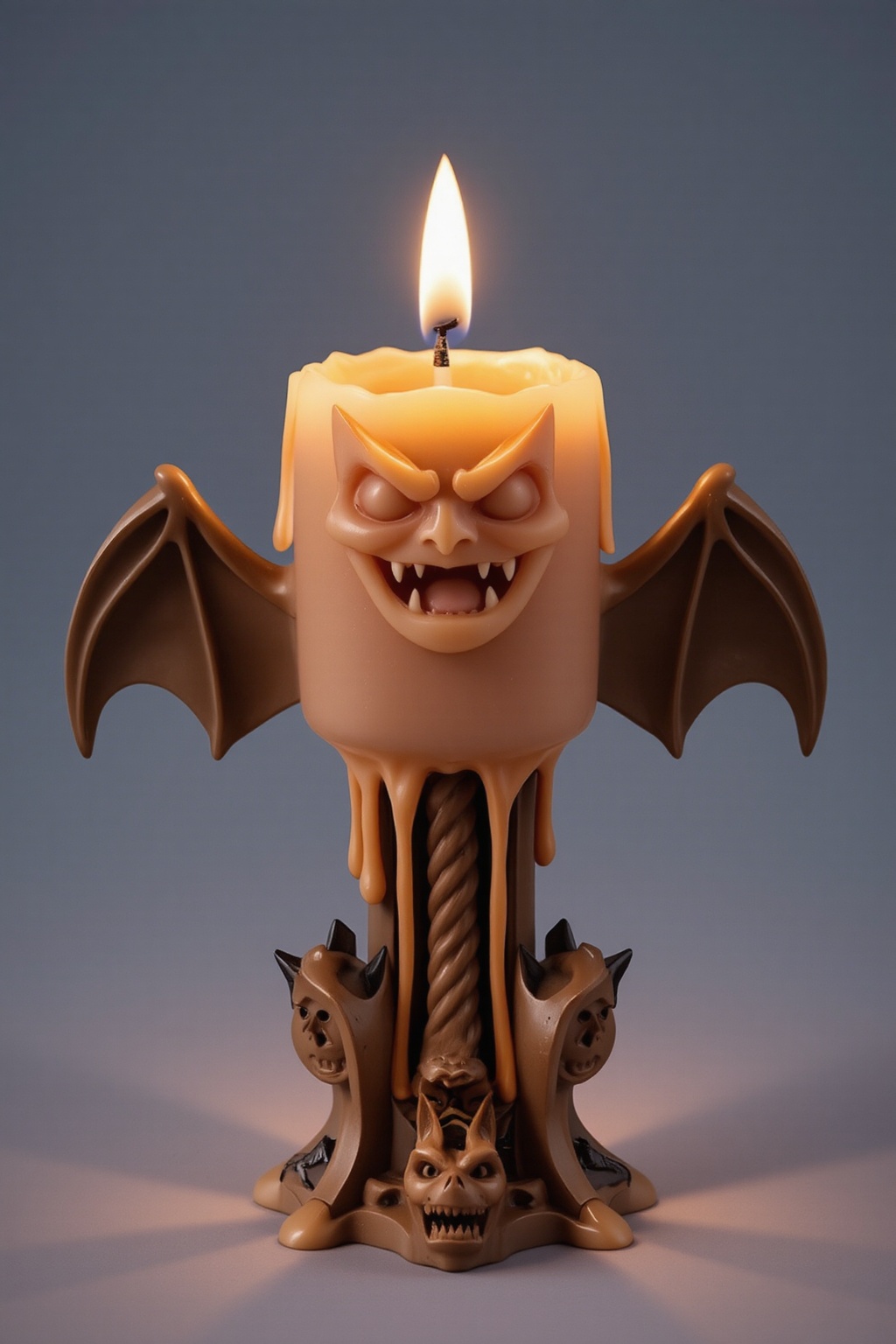 A high-quality anime-style figure of a bat-shaped candle,  designed like a collectible figure. The bat has large,  outstre...
