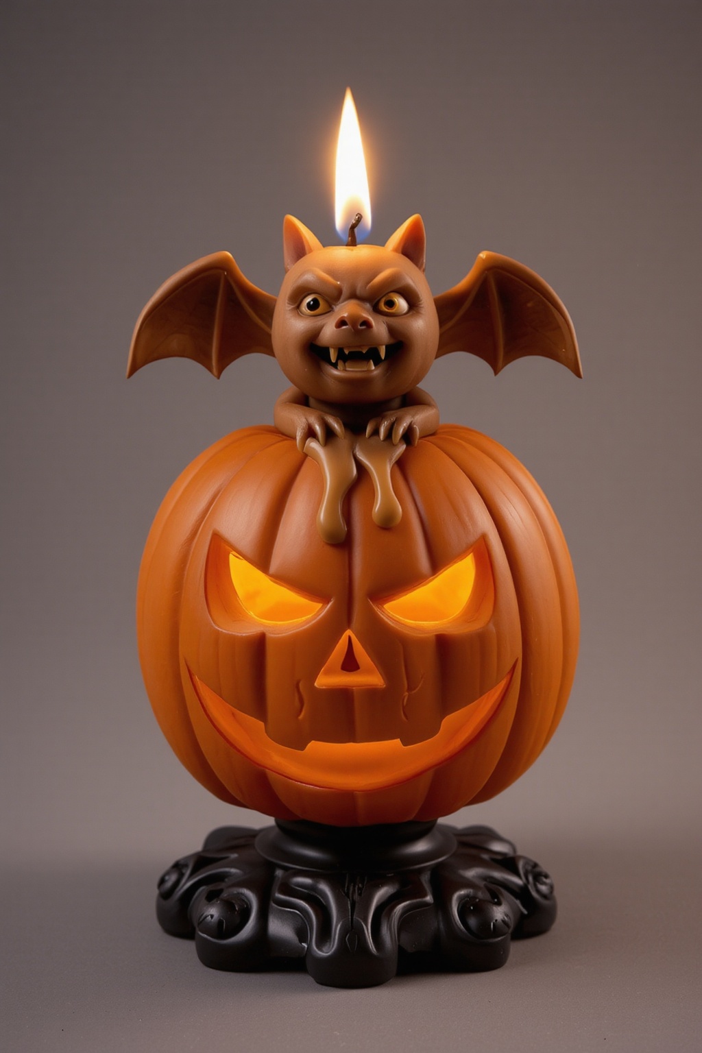 A high-quality anime-style figure of a jack-o'-lantern candle,  with a small bat resting on top. The jack-o'-lantern has a...