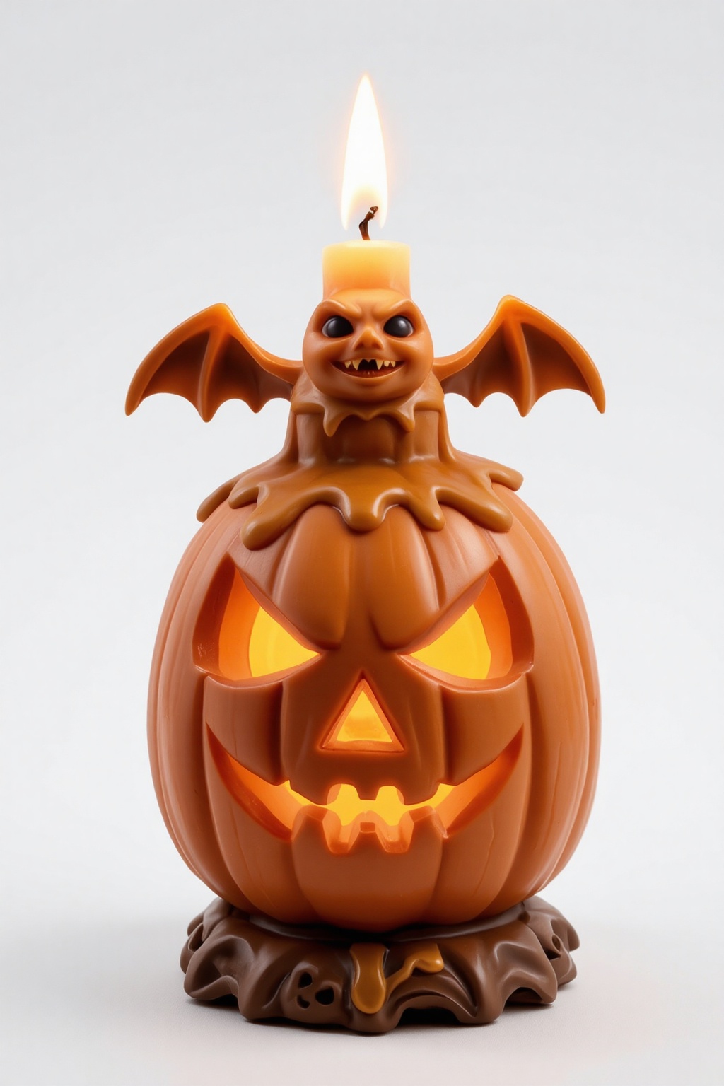 A high-quality anime-style figure of a jack-o'-lantern candle,  with a small bat resting on top. The jack-o'-lantern has a...