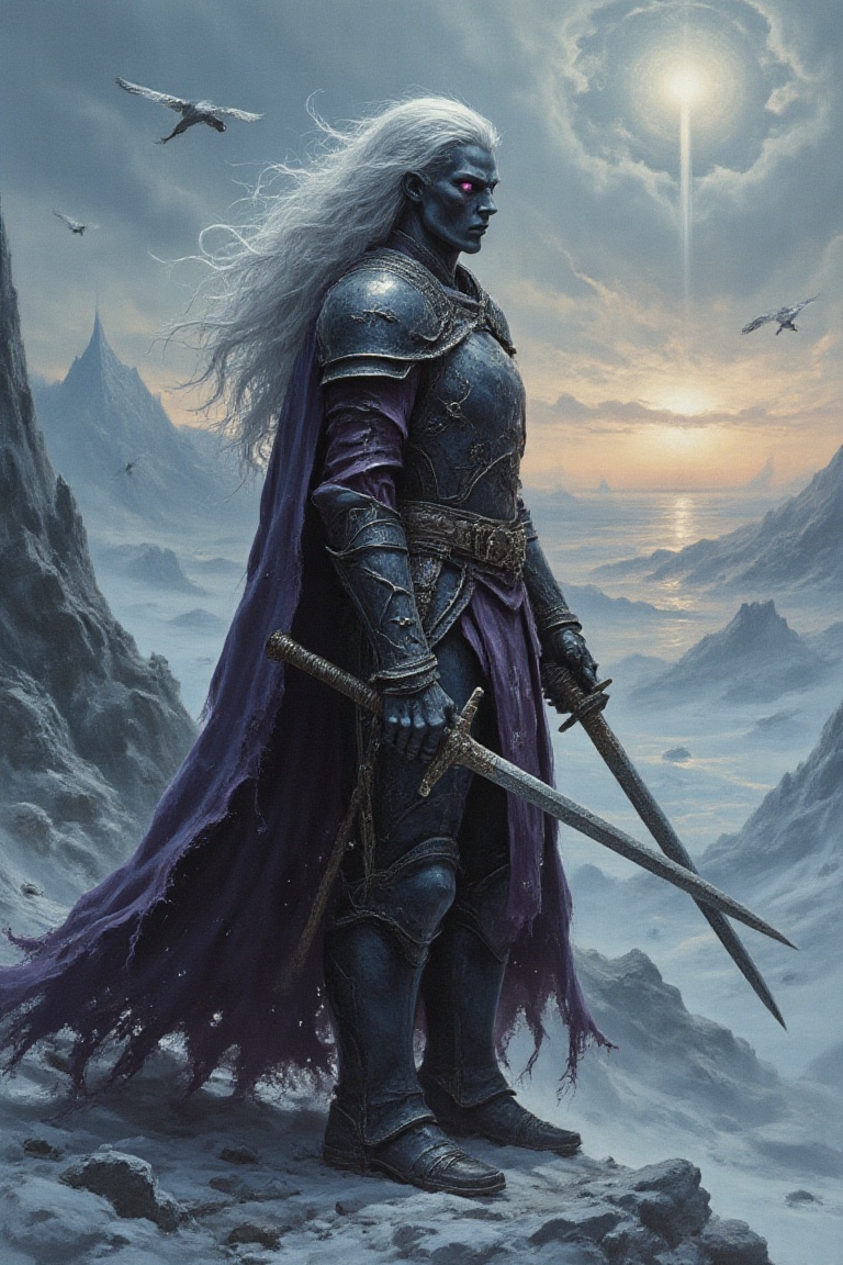 A dual wield drow named Drizzt Do'urden with stark white hair,  sleek black skin,  purple eyes on Tensor.Art