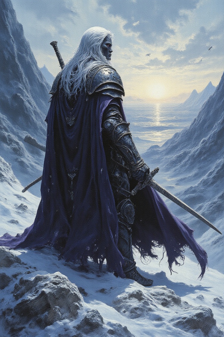 A dual wield drow named Drizzt Do'urden with stark white hair,  sleek black skin,  purple eyes on Tensor.Art