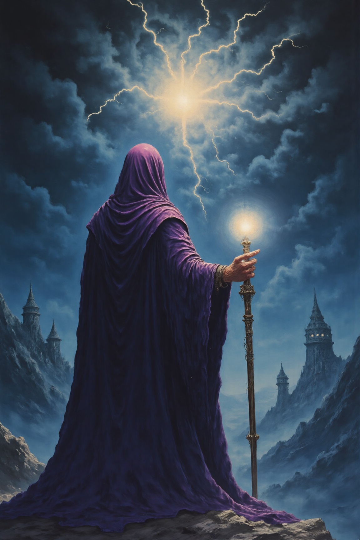 In a dimly lit,  mystical setting,  a powerful wizard stands tall on Tensor.Art