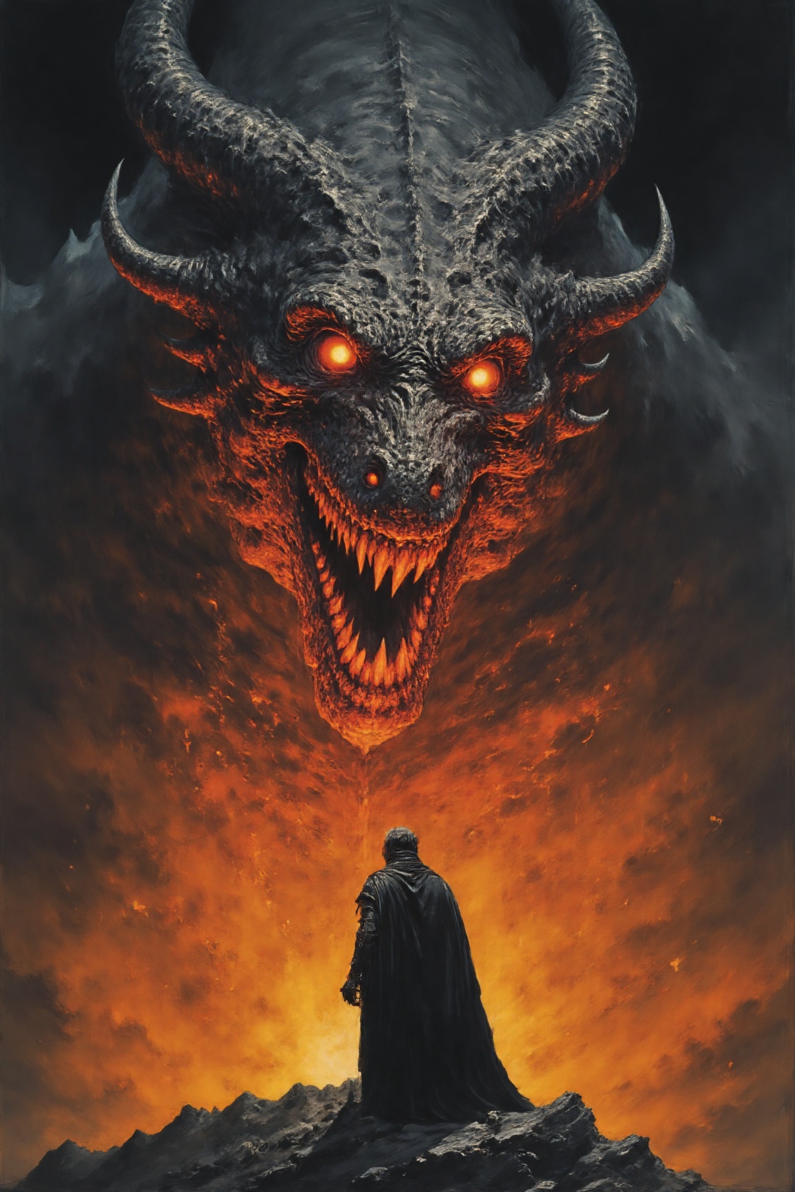 The monstrous creature,  with glowing orange eyes and jagged teeth,  looms out of the darkness on Tensor.Art