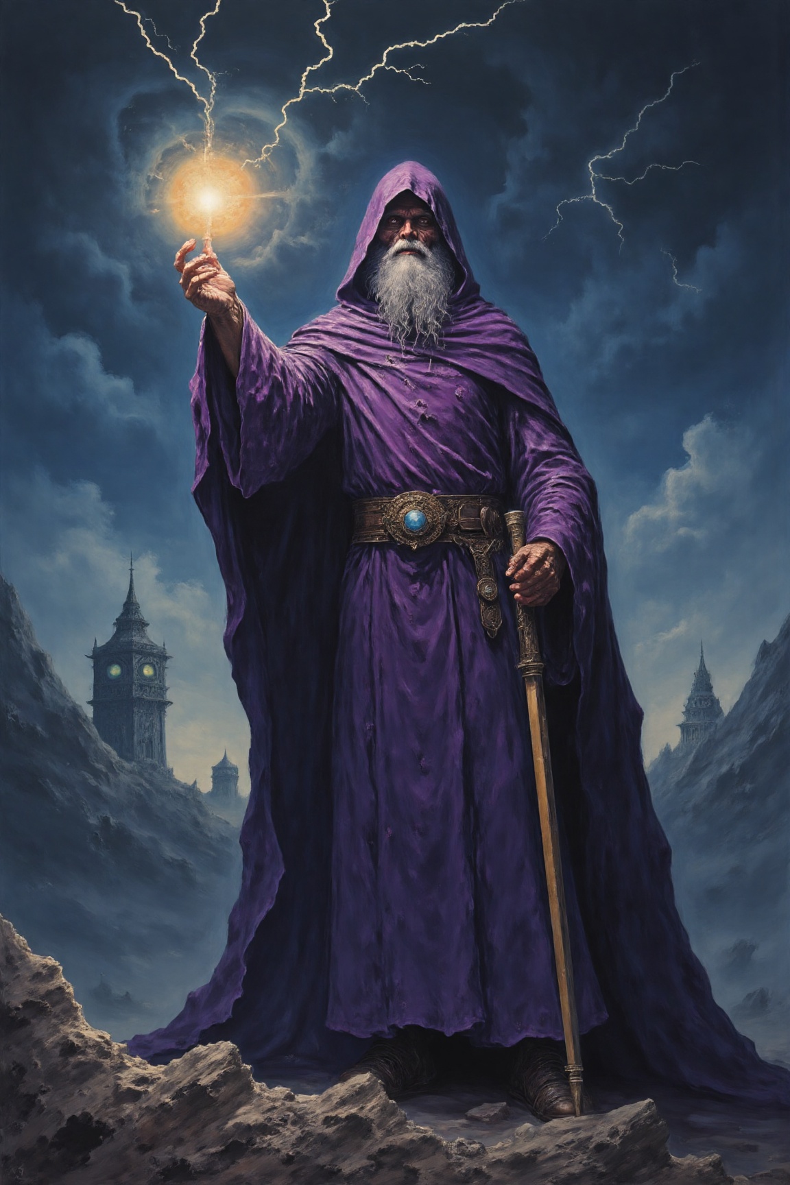 In a dimly lit,  mystical setting,  a powerful wizard stands tall on Tensor.Art