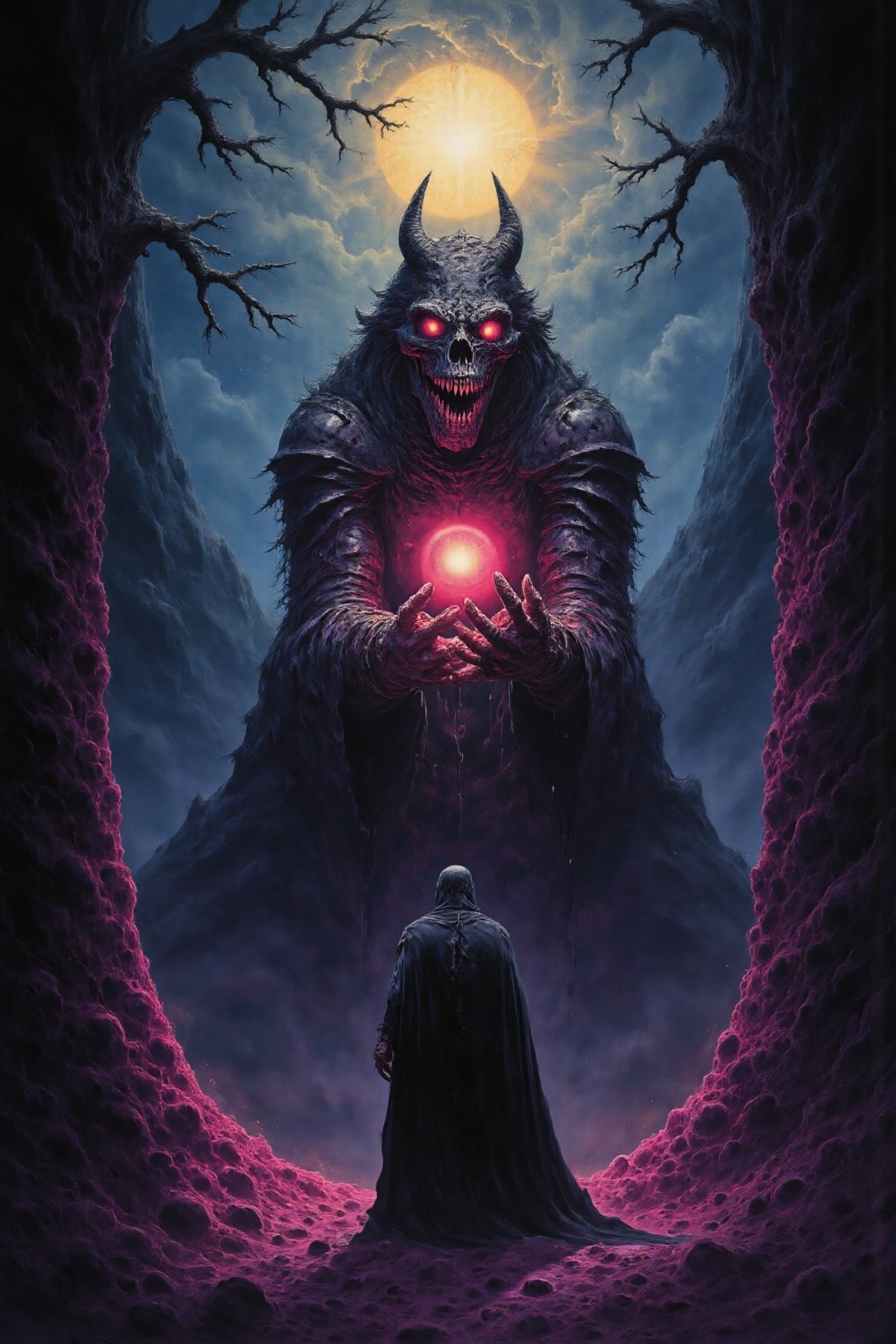Beneath the eerie light of a full moon and tangled branches,  a mysterious figure stands in the shadow of gnarled,  ancien...