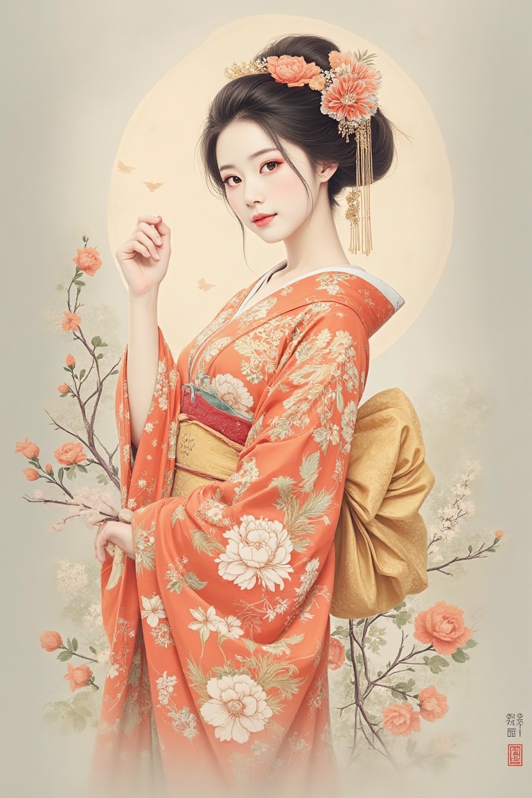 A very beautiful girl looking at viewer,  kimono,  light theme on Tensor.Art