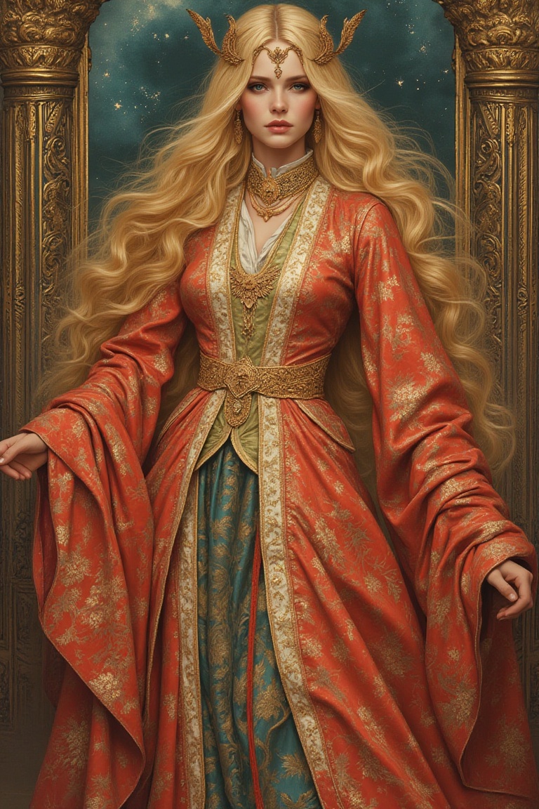 The eye-catching depiction of Aguero Agnes's sister in "Tower of the Holy Spirit" (dressed in elegant,  complicated and go...