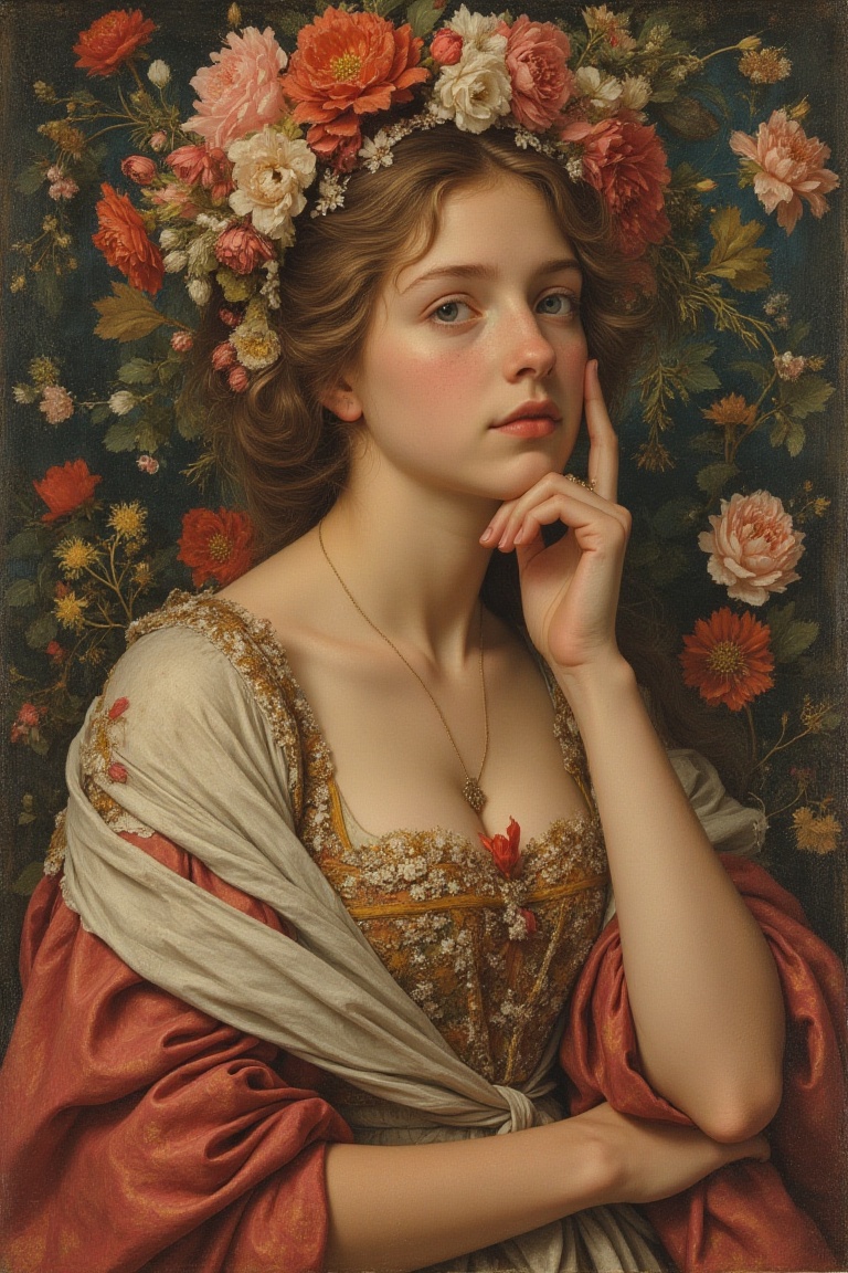 #renaissance #girl #youngwoman #contemplative #olive-skinned #mediumbreasts #regal #artistic #historicalart #beautifulmura...