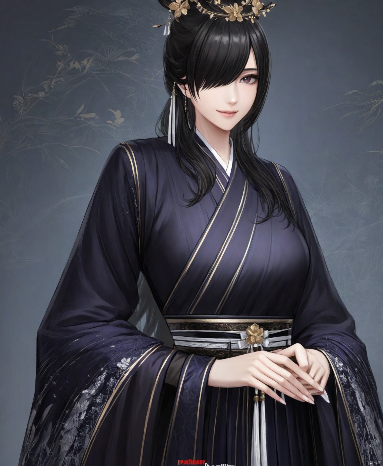 solo,highly detailed,(best quality),((masterpiece)),1girl,simple background,looking at viewer,upper body,ge,hanfu,mi,hair over one eye, smile,black hair,goatwillow