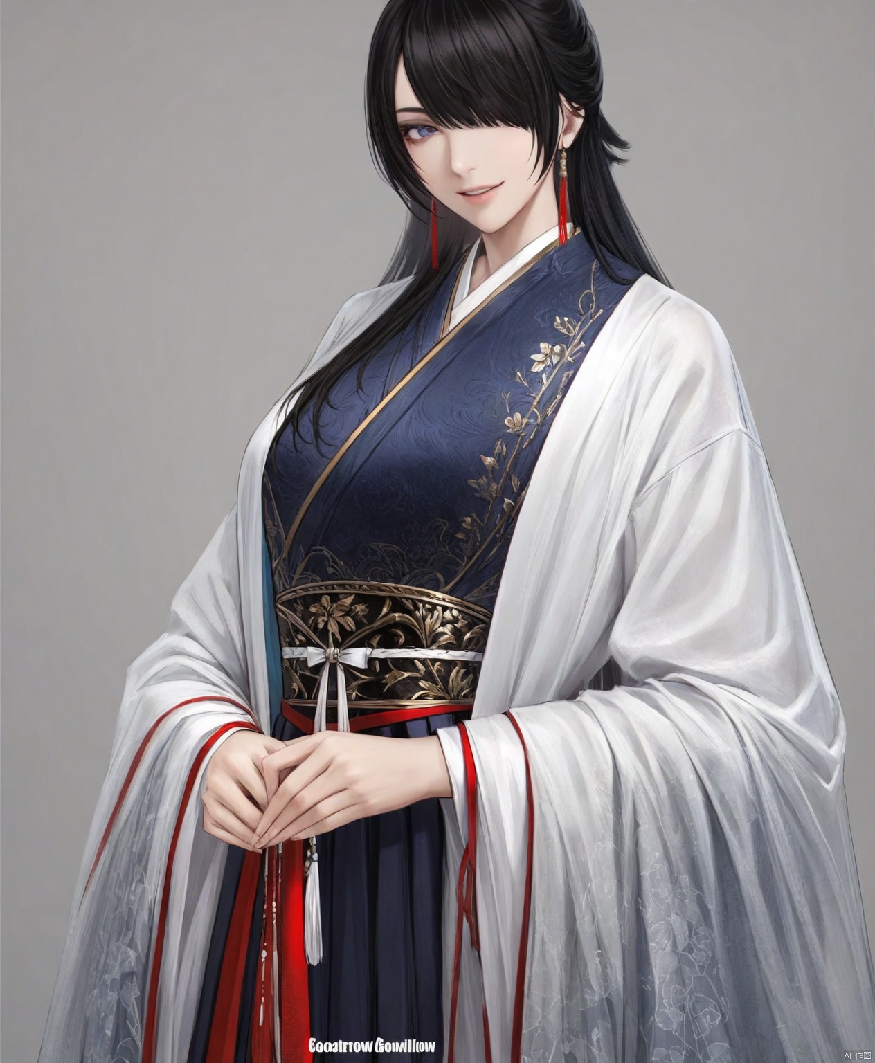 solo,highly detailed,(best quality),((masterpiece)),1girl,simple background,looking at viewer,upper body,ge,hanfu,mi,hair over one eye, smile,black hair,goatwillow
