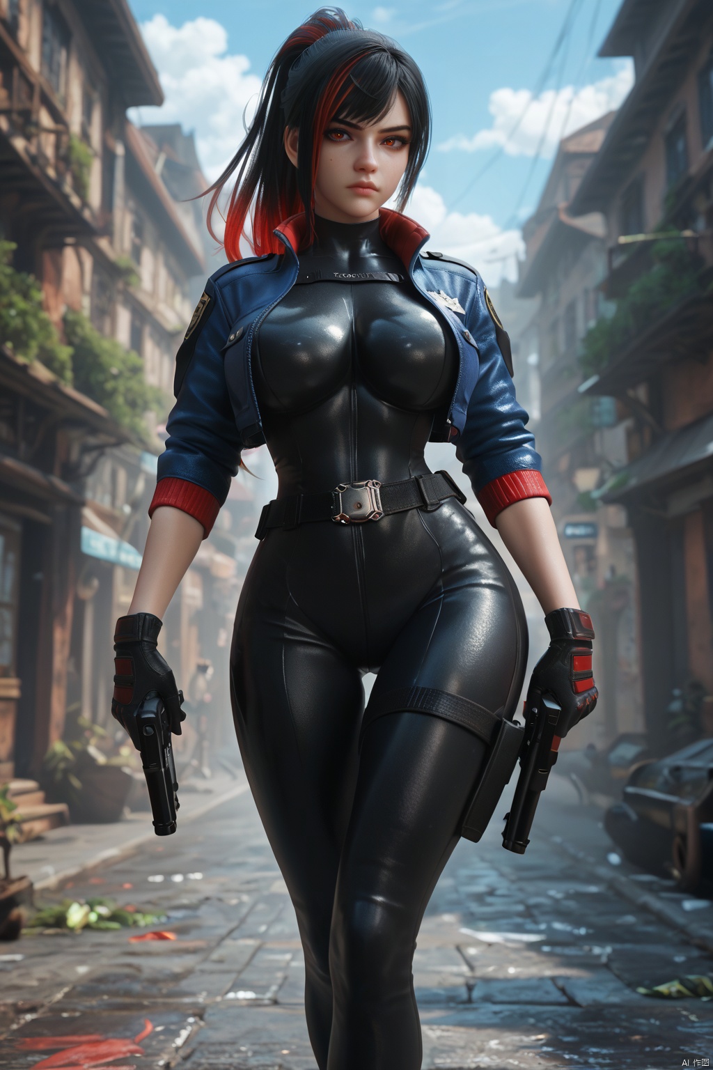 Masterpiece, the best quality, high quality, (colorful) , big breasts,,(black hair:1.4),(long legs:1.3), 1girl, solo, looking at viewer, bangs, black hair, red eyes, gloves, holding, closed mouth, jacket, ponytail, weapon, red hair, multicolored hair, sky, black gloves, belt, pants, holding weapon, streaked hair, gun, bodysuit, blue jacket, holding gun, handgun, police,score_9 score_8_up score_7_up