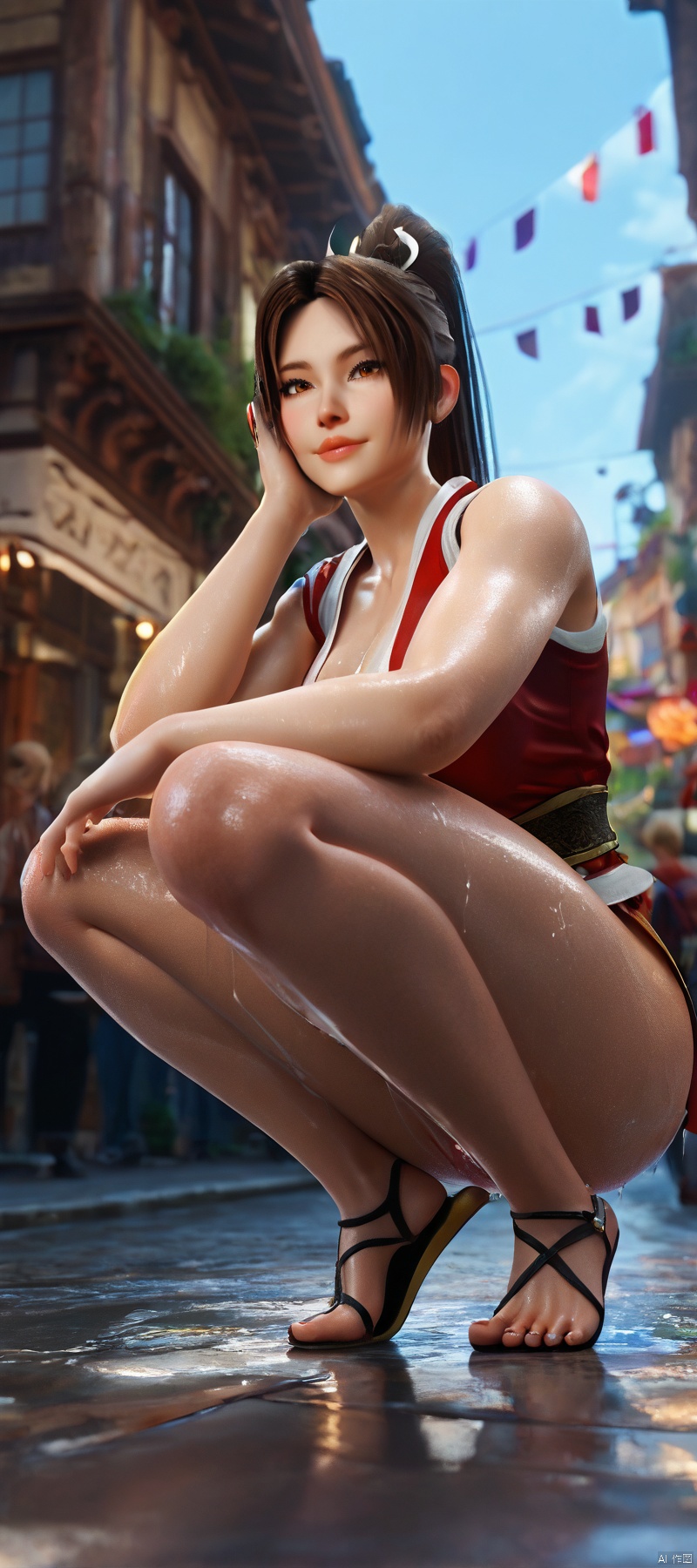 1 girl, flame body, masterpiece, top quality, beautiful and aesthetic:1.2, (1girl:1.3), (full body:1.5), on the crowded street, full of people on Shanghai street, color run race,  leonard,looking at viewer, extreme detailed,cinematic lighting, story, narrative quality, ((crouched on tiptoes))score_9 score_8_up score_7_up, (extreme low angle).BLENDER STYLE.wet oiled body,Wet body,   Shiranui Mai,