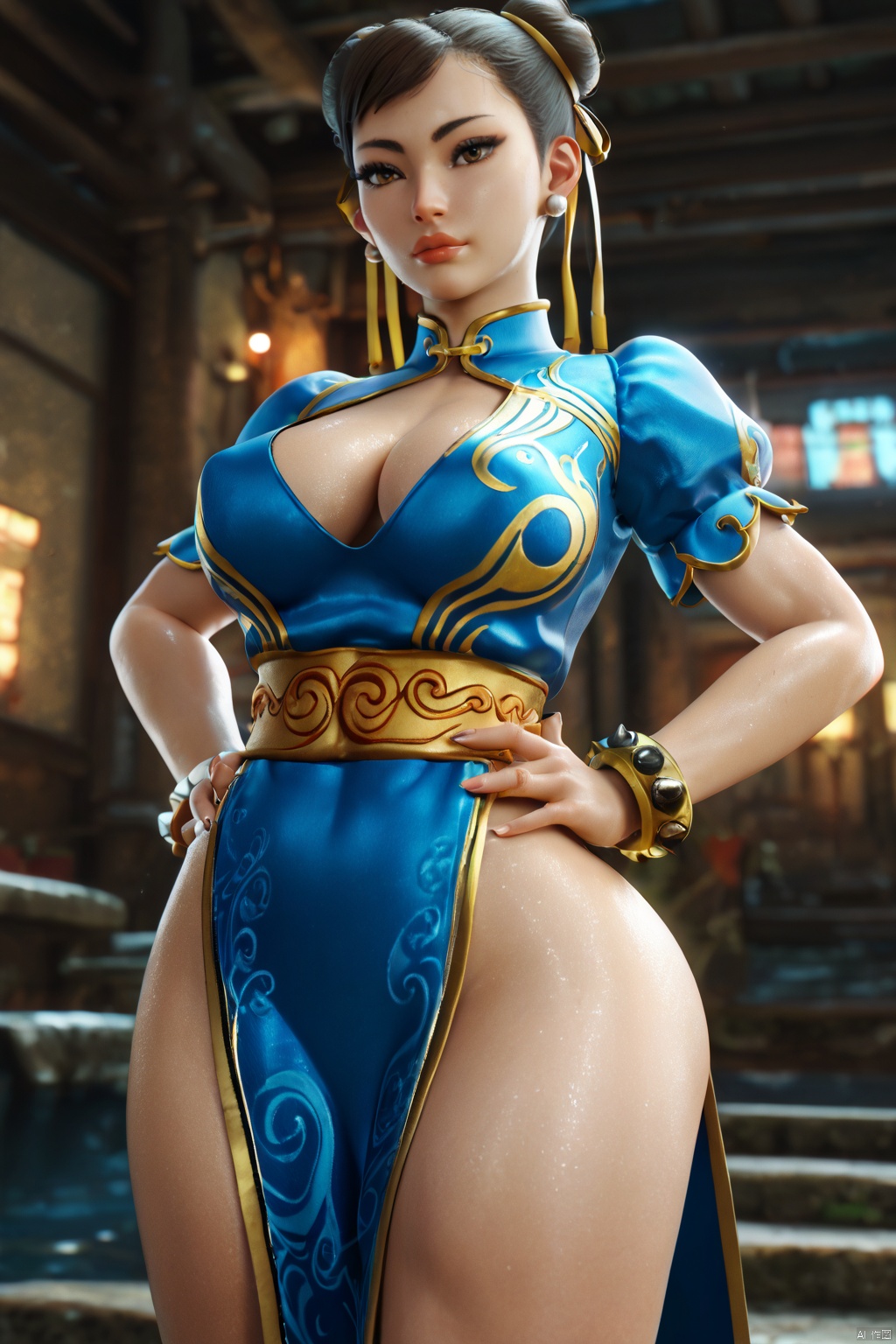  Masterpiece,(UHD) 16K,(Best:1.1),Beautiful face,High detail skin,Super detail,Ultra high resolution,High resolution,Perfect face,Detailed lighting,Detailed skin,Detailed shadows,Larry's skin,Glossy skin,Best,Single person,Upper body lens,Natural light,Medium chest/cleavage,Perfect analysis,3D,pantyhose,chun-li,china_dress,chinese_clothes,dress,pelvic_curtain,spikes,boots,bracelet,spiked_bracelet,jewelry,1girl,white_footwear,bun_cover,cross-laced_footwear,puffy_short_sleeves,puffy_sleeves,hand_on_hip,blue_dress,sash,earrings,short_sleeves,solo,brown_legwear,hands_on_hips,double_bun,breasts,knee_boots,brown_eyes,score_9 score_8_up score_7_up,BLENDER STYLE