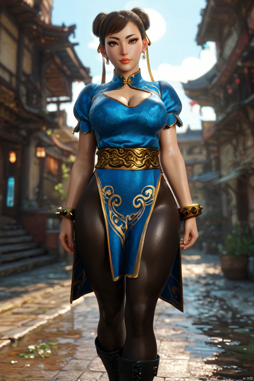  Masterpiece,(UHD) 16K,(Best:1.1),Beautiful face,High detail skin,Super detail,Ultra high resolution,High resolution,Perfect face,Detailed lighting,Detailed skin,Detailed shadows,Larry's skin,Glossy skin,Best,Single person,Upper body lens,Natural light,Medium chest/cleavage,Perfect analysis,3D,pantyhose,chun-li,china_dress,chinese_clothes,dress,pelvic_curtain,spikes,boots,bracelet,spiked_bracelet,jewelry,1girl,white_footwear,bun_cover,cross-laced_footwear,puffy_short_sleeves,puffy_sleeves,hand_on_hip,blue_dress,sash,earrings,short_sleeves,solo,brown_legwear,hands_on_hips,double_bun,breasts,knee_boots,brown_eyes,score_9 score_8_up score_7_up,BLENDER STYLE