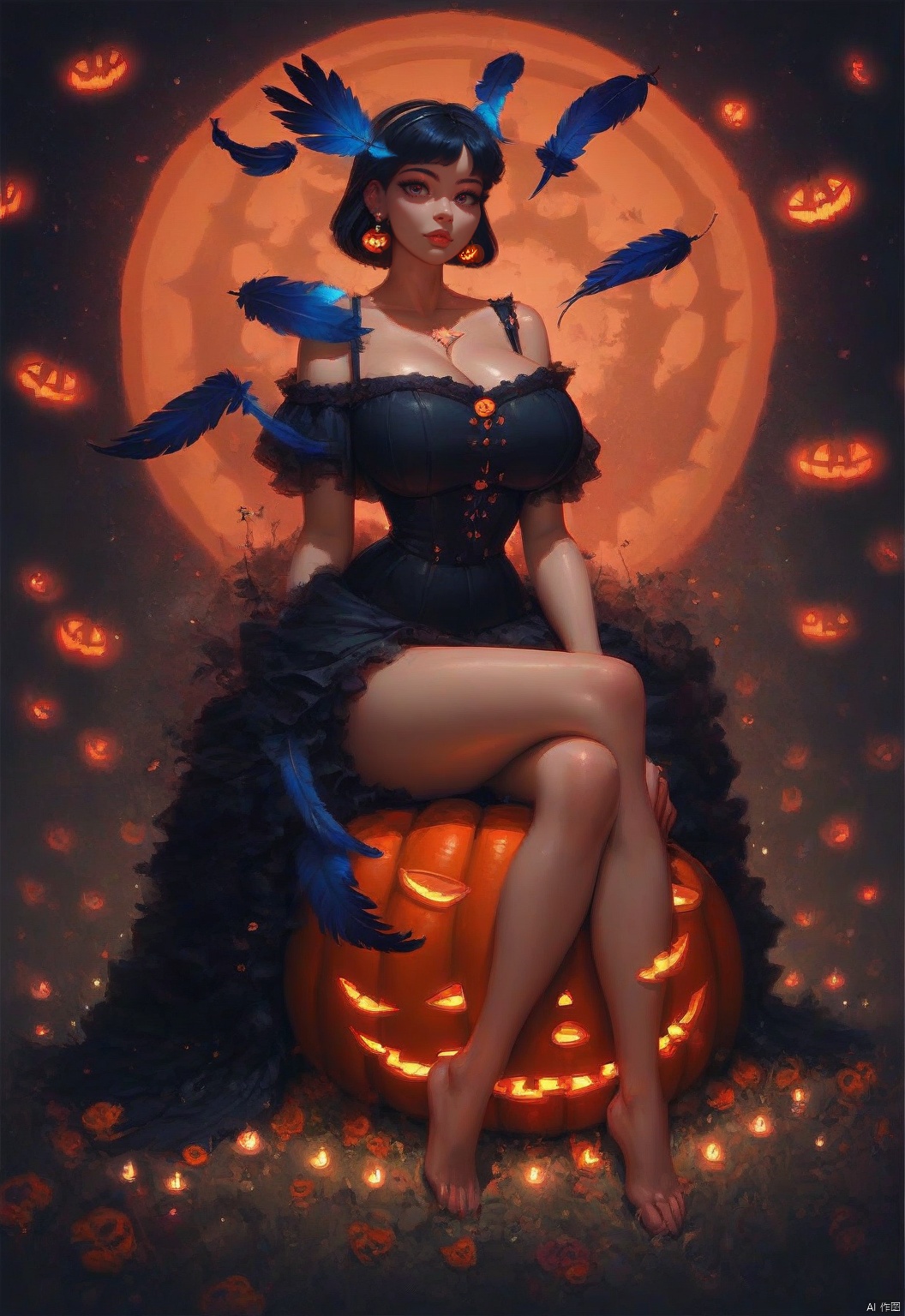 A serene 8K photo of a girl (GG),  ((lots of galaxy+halloween color feathers):1.3),  orange tone color on Tensor.Art