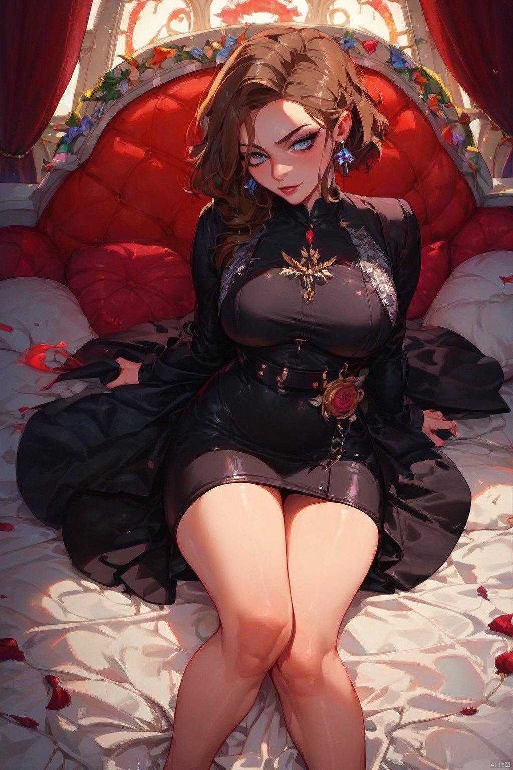 a woman is seated on a white leather couch. She is dressed in a black dress with a black coat draped over her shoulders. H...