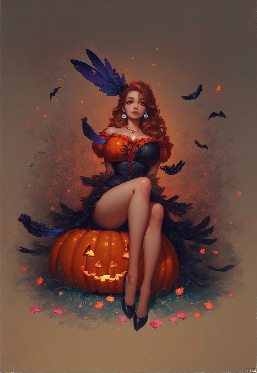 A serene 8K photo of a girl (GG),  ((lots of galaxy+halloween color feathers):1.3),  orange tone color on Tensor.Art
