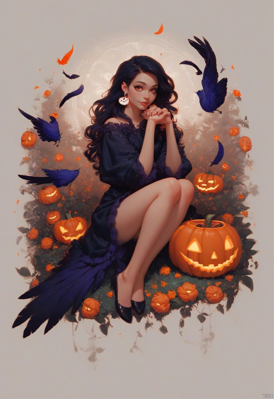 A serene 8K photo of a girl (GG),  ((lots of galaxy+halloween color feathers):1.3),  orange tone color on Tensor.Art