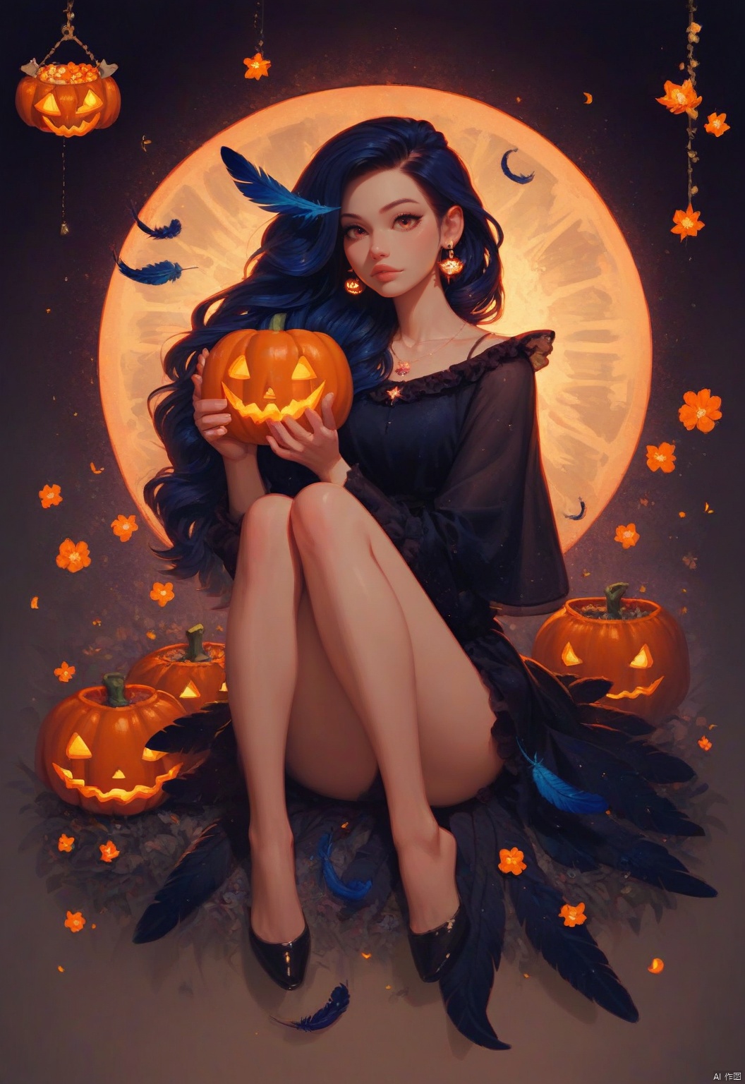 A serene 8K photo of a girl (GG),  ((lots of galaxy+halloween color feathers):1.3),  orange tone color on Tensor.Art
