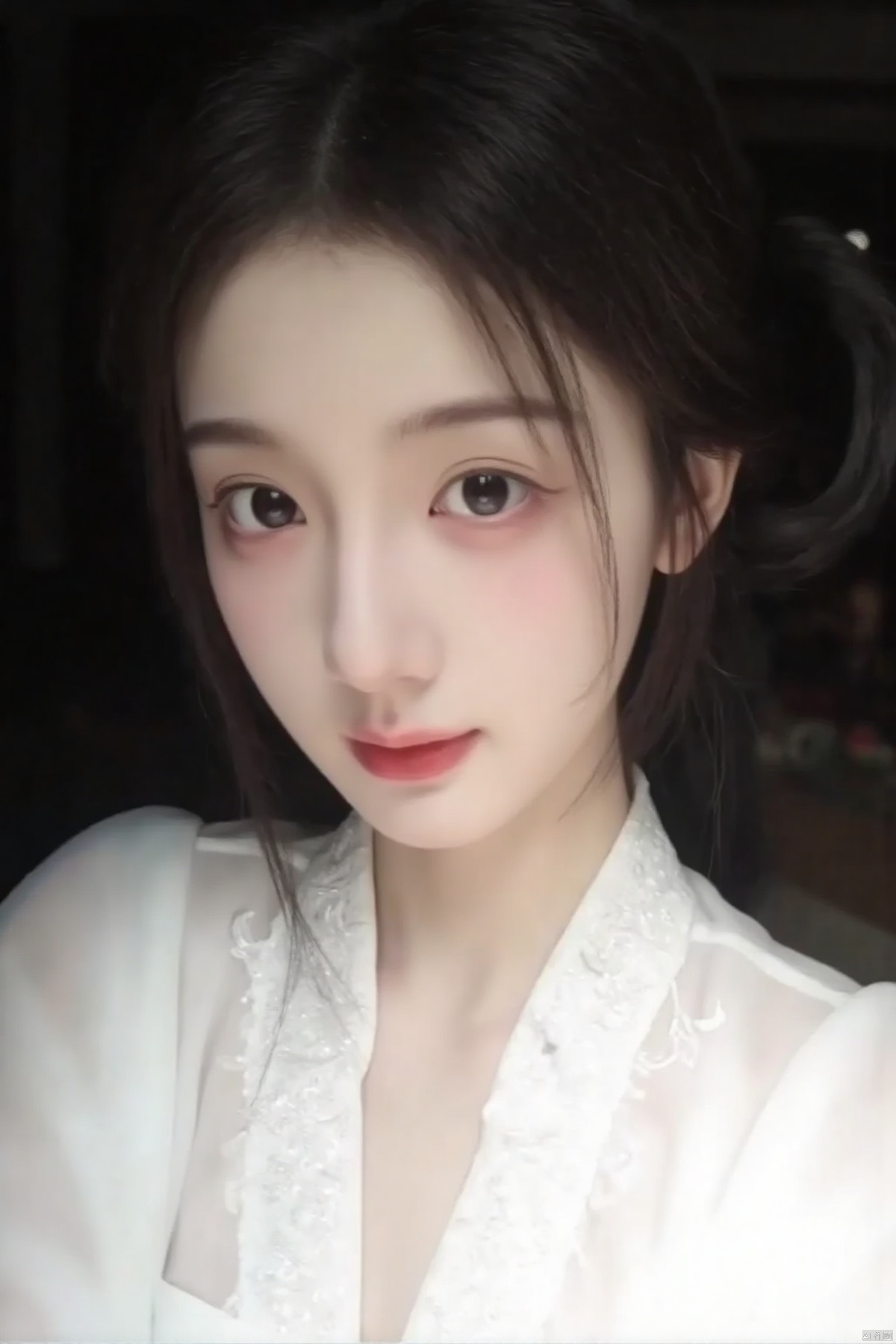 a close-up shot of a young Asian woman with dark brown hair and brown eyes. She is wearing a white sleeveless blouse with a low neckline that is adorned with white embroidery. Her hair is pulled back in a ponytail, adding a touch of texture to her face. The backdrop is blurred, creating a stark contrast to the woman's white dress.,