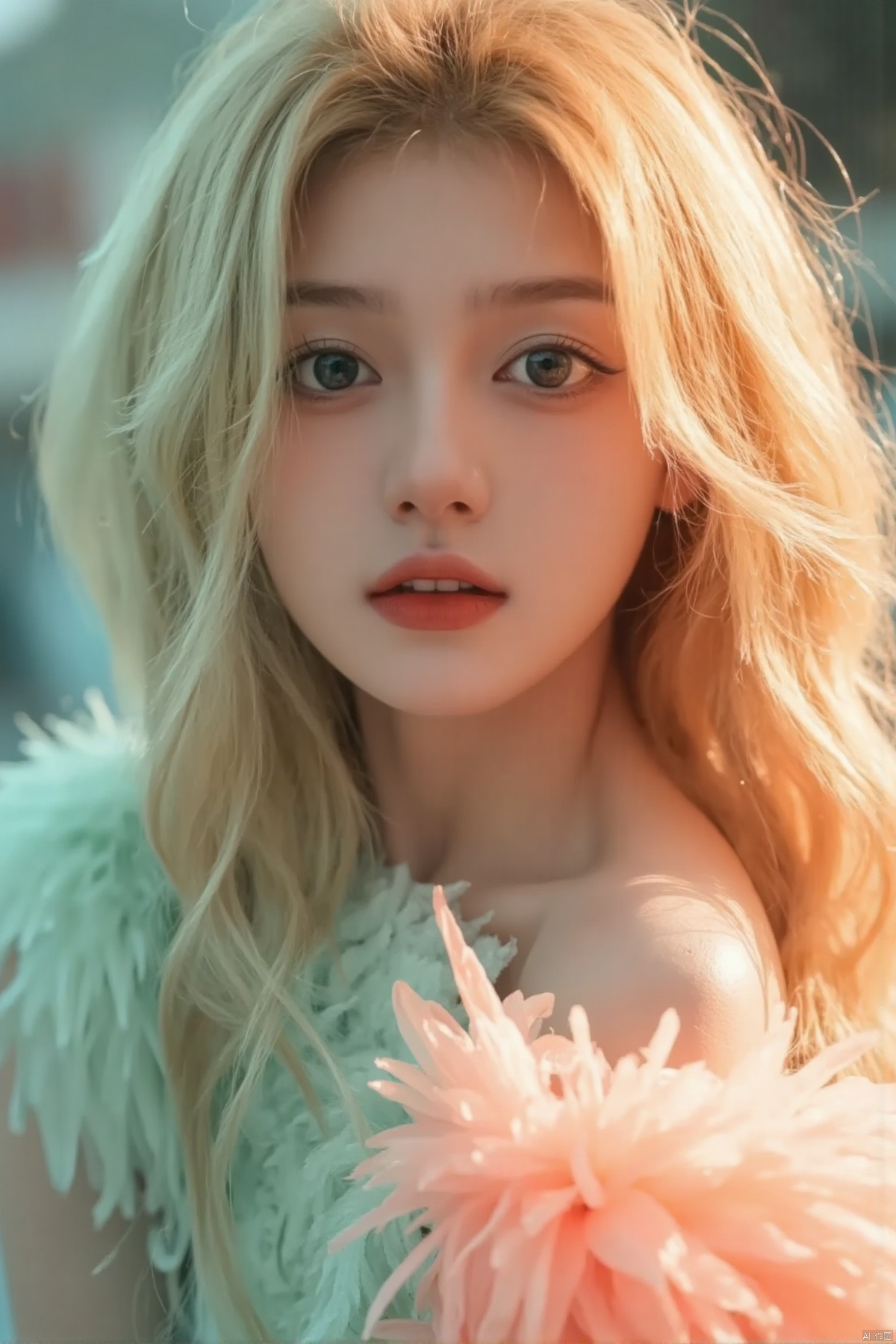 (best quality,4k,8k,highres,masterpiece:1.2),ultra-detailed,(realistic,photorealistic,photo-realistic:1.37),a playful and gorgeous girlfriend,sapphire blue clear watery eyes,sweet smile,aquamarine to orange ombre long hair,neon feather dress,flowing gossamer,highly transparent material,luxurious and shiny,glowing and radiant,elegant and refreshing,full body shot,natural light,ray tracing,lighting effects,extreme lighting,ultra-detailed,high resolution,high saturation,octane render,16k ultra high resolution,fresh mint green and peach pink tones,soft and delicate,gentle and charming,beautiful detailed eyes,beautiful detailed lips,extremely detailed face,long eyelashes,gorgeous and alluring,ethereal and enchanting,lovely and captivating,graceful and elegant,delicate and refined,shimmering and sparkling,brilliant and dazzling,highly realistic,perfectly illuminated,meticulous detail,exquisite and fine,flawless and impeccable,clear and vivid,smooth and silky,harmonious and balanced,serene and tranquil,calm and soothing,peaceful and serene,subtle and refined