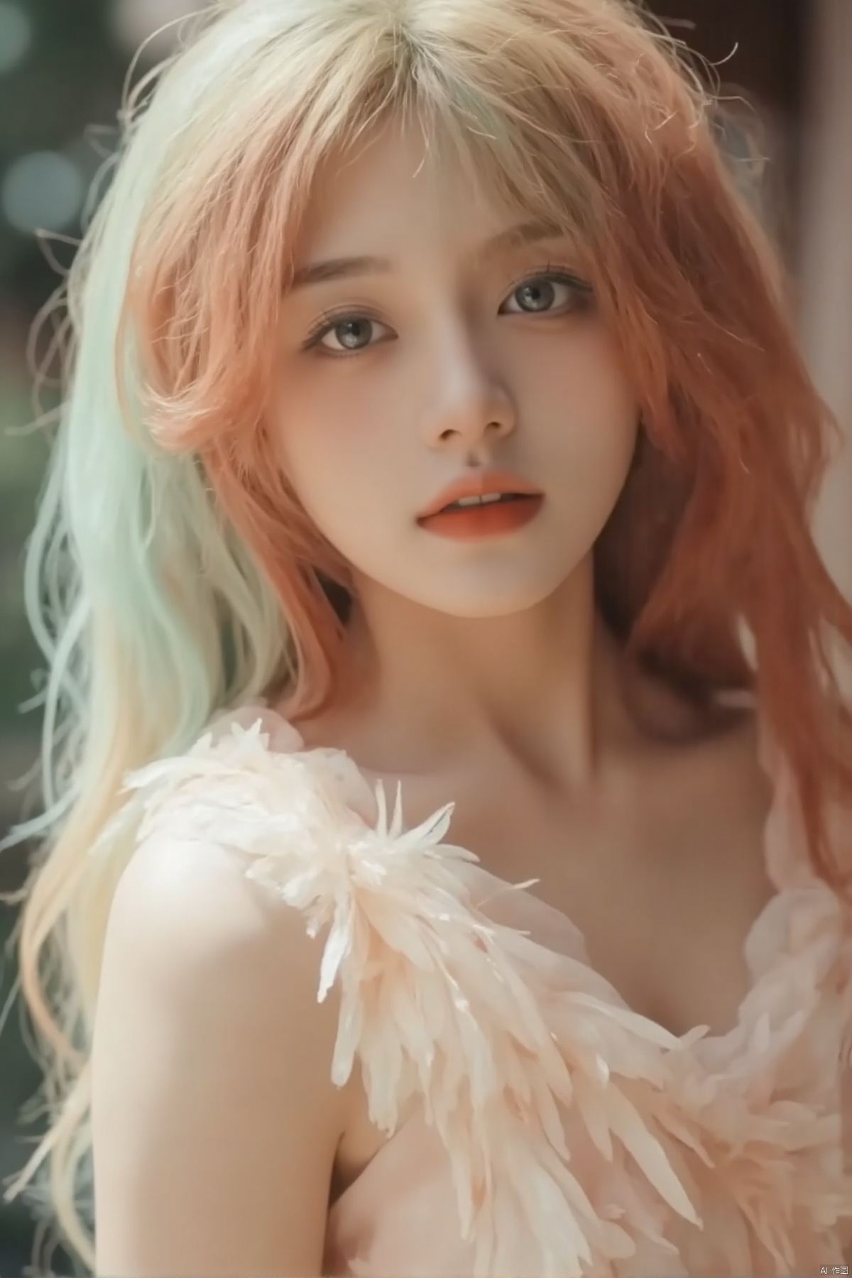 (best quality,4k,8k,highres,masterpiece:1.2),ultra-detailed,(realistic,photorealistic,photo-realistic:1.37),a playful and gorgeous girlfriend,sapphire blue clear watery eyes,sweet smile,aquamarine to orange ombre long hair,neon feather dress,flowing gossamer,highly transparent material,luxurious and shiny,glowing and radiant,elegant and refreshing,full body shot,natural light,ray tracing,lighting effects,extreme lighting,ultra-detailed,high resolution,high saturation,octane render,16k ultra high resolution,fresh mint green and peach pink tones,soft and delicate,gentle and charming,beautiful detailed eyes,beautiful detailed lips,extremely detailed face,long eyelashes,gorgeous and alluring,ethereal and enchanting,lovely and captivating,graceful and elegant,delicate and refined,shimmering and sparkling,brilliant and dazzling,highly realistic,perfectly illuminated,meticulous detail,exquisite and fine,flawless and impeccable,clear and vivid,smooth and silky,harmonious and balanced,serene and tranquil,calm and soothing,peaceful and serene,subtle and refined