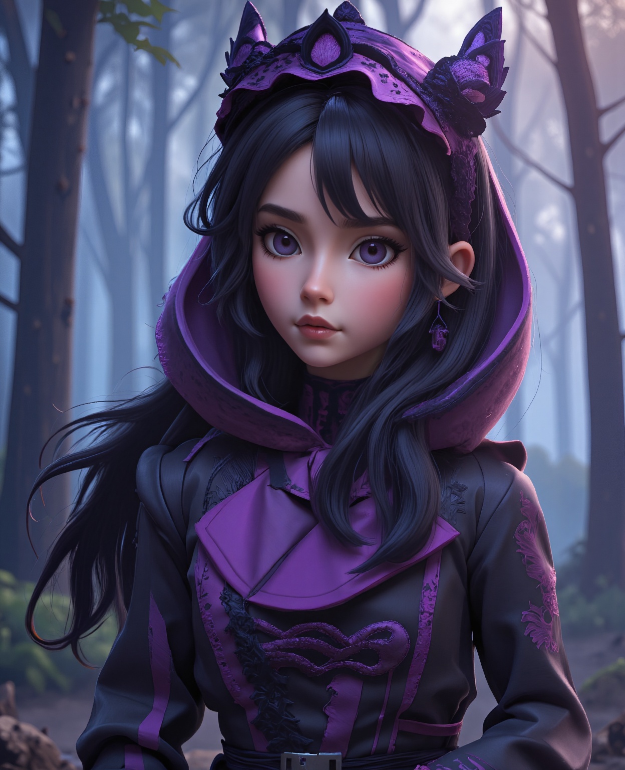 anime girl in a purple and black outfit standing in front of a forest,  keqing from genshin impact,  zhongli from genshin...