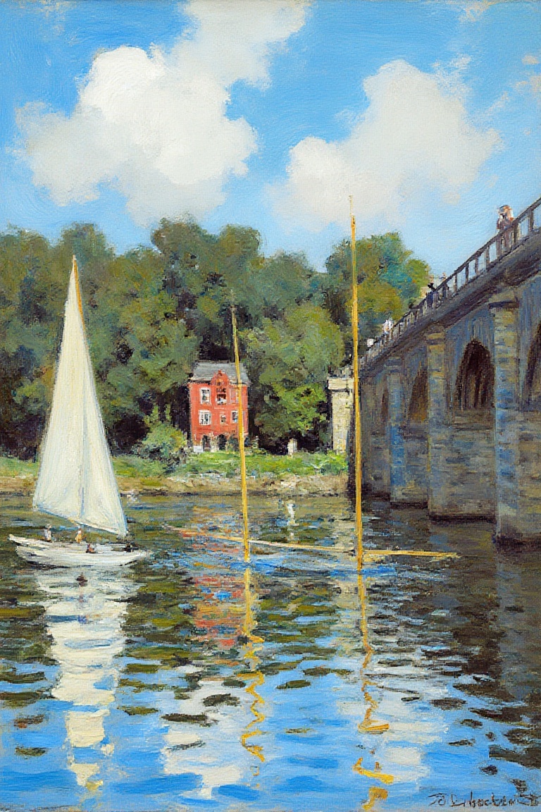 "Impressionist painting of a stone bridge over a river on a sunny day,  with reflections of the bridge and boats in the wa...